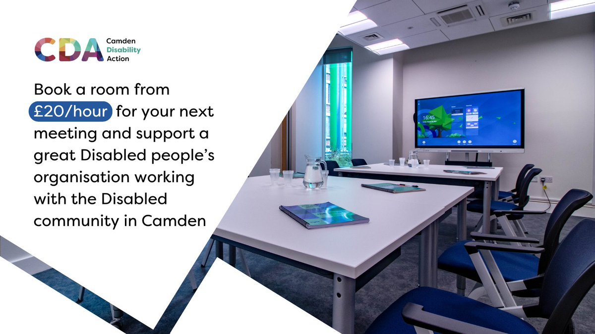 camdenDisAction's tweet photo. Looking for a comfortable, accessible meeting space? Our modern meeting room features interactive presentation technology, air conditioning and accessible facilities. 
Book with us today 👉 https://t.co/e6hr0NWjln
#meetingspace #Accessibility https://t.co/gib4a8mFAh