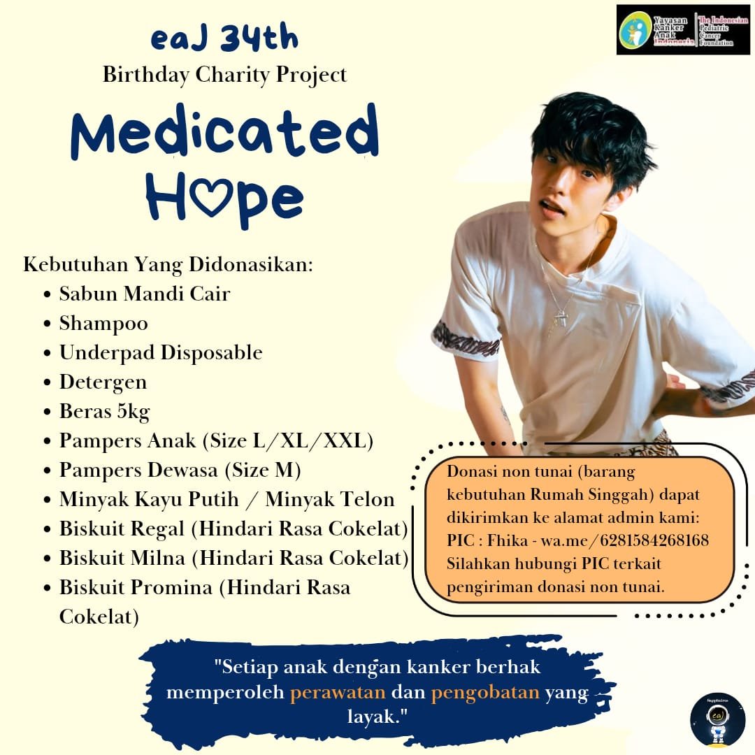 sappheirosteam's tweet photo. 🎗𝙴𝙰𝙹 𝟹𝟺 𝙼𝙴𝙳𝙸𝙲𝙰𝚃𝙴𝙳 𝙷𝙾𝙿𝙴🎗

Kembali ke perjalanan pertama #eaJCharity. 💙
Bersama @kankeranakindo1  (YKAI), kami mengajak seluruh Jars untuk ikut mendukung pengobatan dan perawatan anak-anak penyintas kanker di bawah naungan Yayasan Kanker Anak Indonesia sebagai bentuk kasih sayang dan kepedulian dalam rangka ulang tahun ke-34 eaJ (@eaJPark).

Selain donasi tunai, kami juga menerima donasi berupa barang sesuai dengan ketentuan yang tercantum pada poster.

Setiap dukungan, sekecil apa pun, akan sangat berarti bagi anak-anak dan keluarga yang sedang berjuang. Mari kita salurkan kebaikan bersama.

Link donasi:
https://t.co/5zqizlXW5x

#eaJPark #eaJCharity #HappyeaJDay
