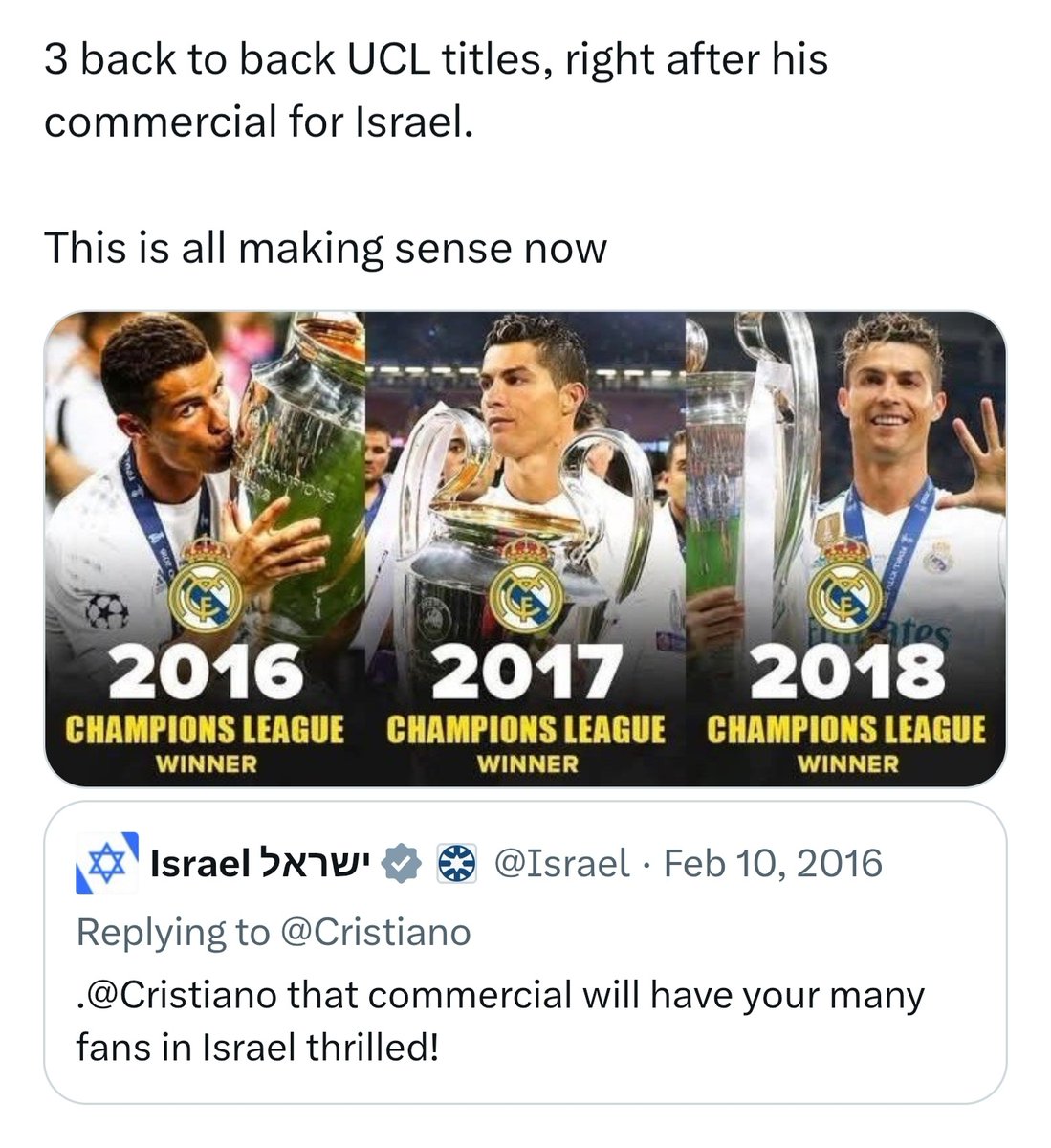 Touchnlne's tweet photo. So this is why he got three UCL titles in a row. It all makes sense now. 😳 https://t.co/u84JLV1ICZ