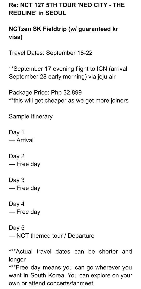 sothisismyyouth's tweet photo. RE: NCT 127 5TH TOUR 'NEO CITY - THE REDLINE' in SEOUL 

NCTzen South Korea Fieldtrip 💚✈️🇰🇷

Travel Dates: September 18-22 

— With guaranteed kr visa
— Open for installment 
— Check photos for more details or dm me https://t.co/sODPoiaGVe