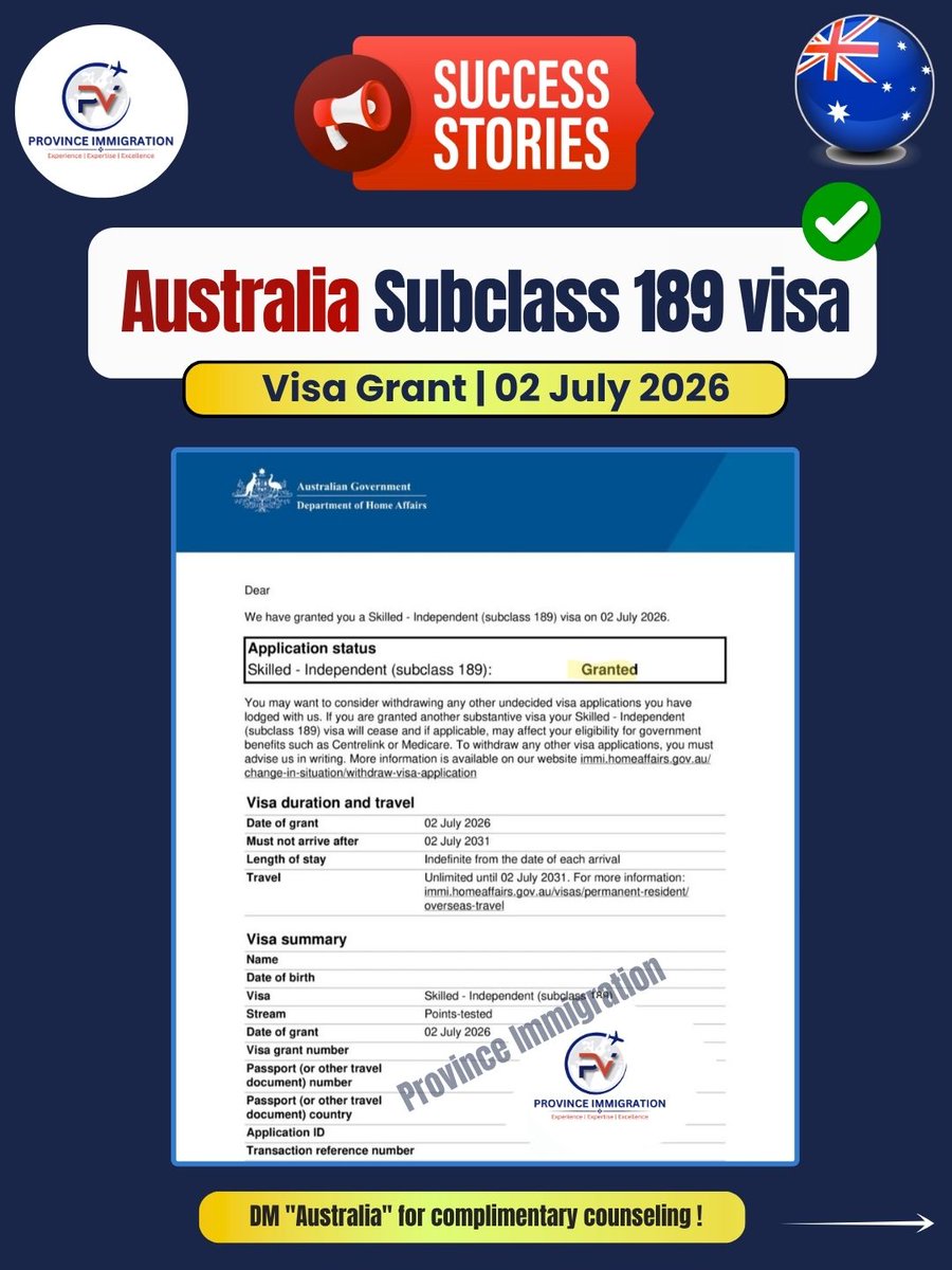 province_immigr's tweet photo. Australia Visa Approvals 2026 | Subclass 189, 482 & 485
Granted | Chef, Hairdresser, Personal Care, Graduate Visa
#AustraliaVisa #AustraliaPR #AustraliaImmigration #Subclass189 #Subclass482 #Subclass485 #VisaApproval #SkilledMigration #WorkInAustralia https://t.co/zMLZhLlZEW