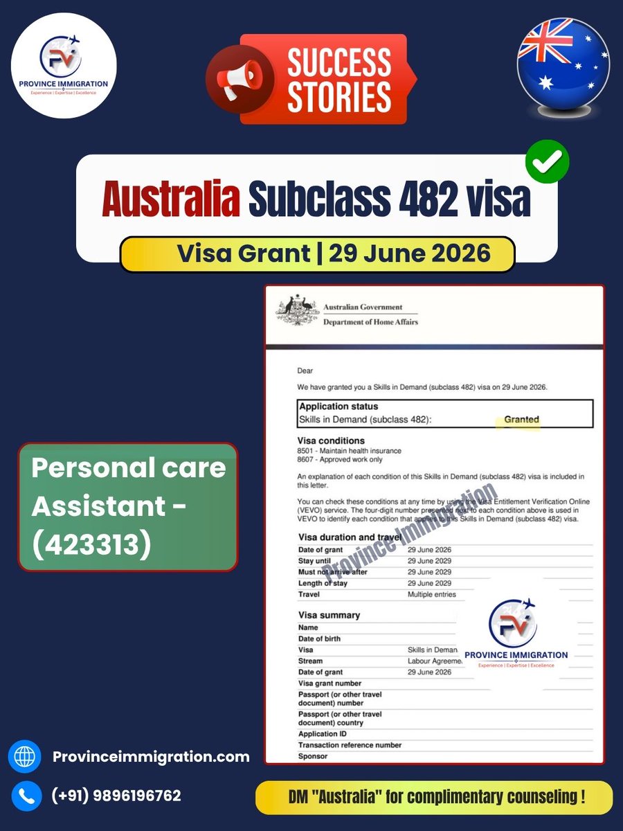 province_immigr's tweet photo. Australia Visa Approvals 2026 | Subclass 189, 482 & 485
Granted | Chef, Hairdresser, Personal Care, Graduate Visa
#AustraliaVisa #AustraliaPR #AustraliaImmigration #Subclass189 #Subclass482 #Subclass485 #VisaApproval #SkilledMigration #WorkInAustralia https://t.co/zMLZhLlZEW