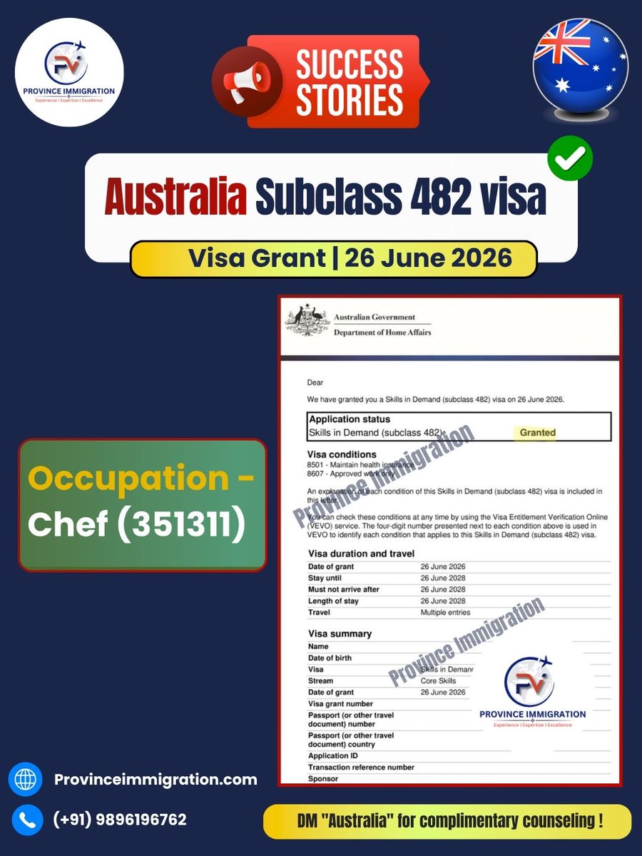 province_immigr's tweet photo. Australia Visa Approvals 2026 | Subclass 189, 482 & 485
Granted | Chef, Hairdresser, Personal Care, Graduate Visa
#AustraliaVisa #AustraliaPR #AustraliaImmigration #Subclass189 #Subclass482 #Subclass485 #VisaApproval #SkilledMigration #WorkInAustralia https://t.co/zMLZhLlZEW