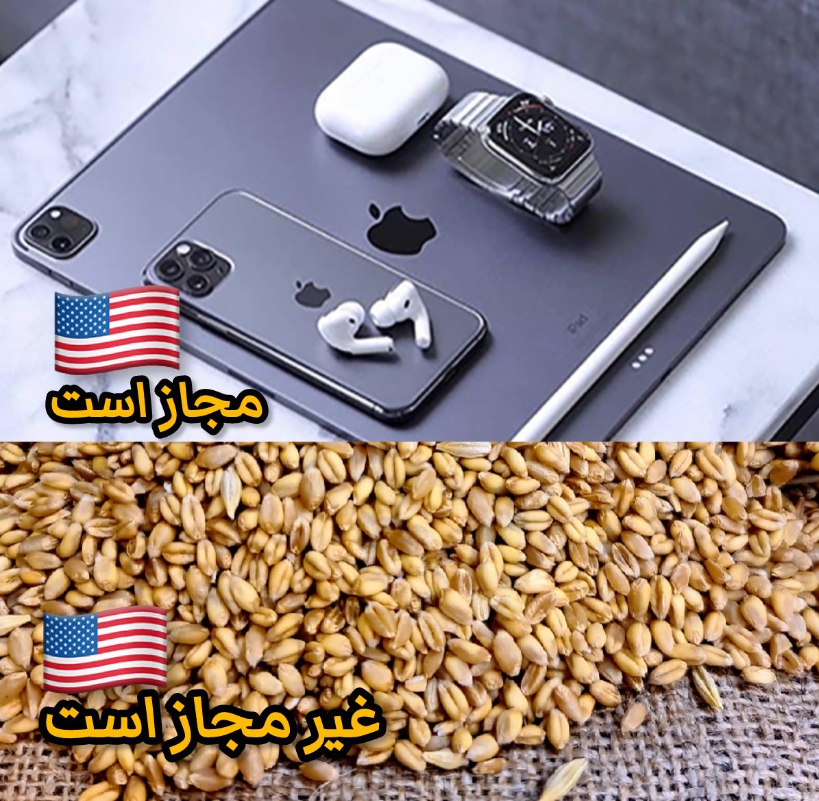 darooghehh's tweet photo. طبق فتوای #انقلابیون_کاسبکار خرید و استفاده از گوشی آمریکایی(اپل) حلال است اما خرید گندم حرام. 
حلال وحرامشان بستگی به منافعشان دارد. https://t.co/bZOMFSkoiM