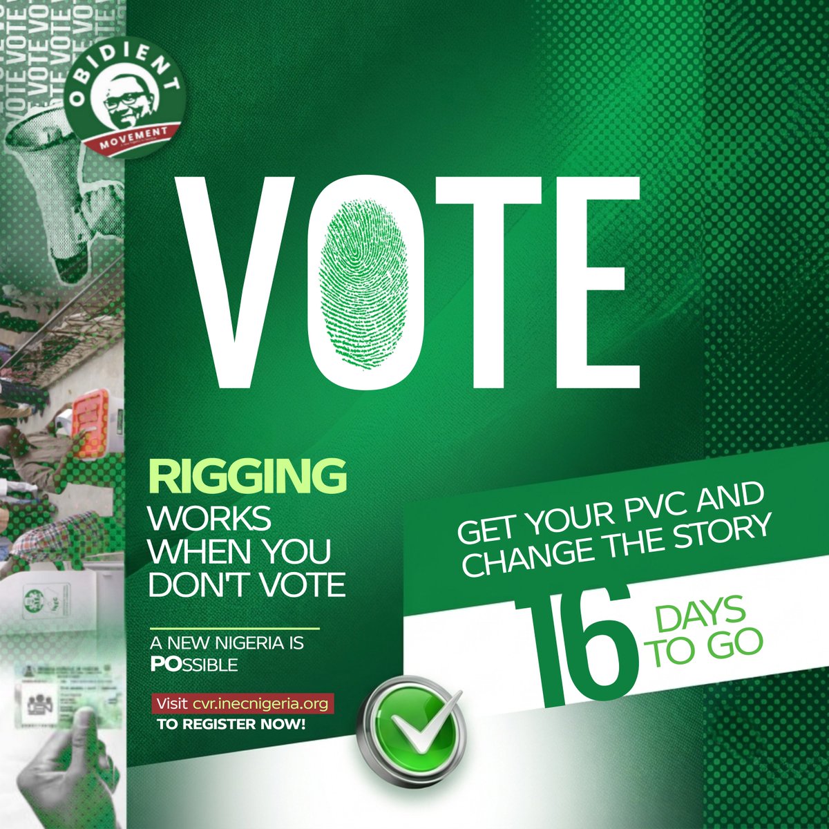 ObidientUpdate's tweet photo. If your vote does not count, the politicians won't be trying to buy it. 

Get your PVC today and get ready to change your story in 2027. 

It is only 16 days to go.

#TooBigToRig #PVCMandate #PO4President https://t.co/khpu1PdAEd