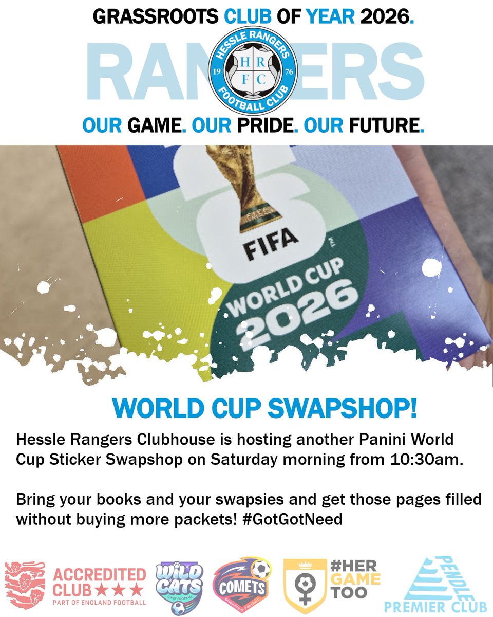 HessleRangers's tweet photo. Hessle Rangers are hosting another Panini World Cup sticker swapshop in the clubhouse on Saturday morning from 10:30am.

Bring those books and swapsies! #GotGotNeed

🩵🤍 #UTR #OurGameOurPrideOurFuture https://t.co/jMtDKN23Fj
