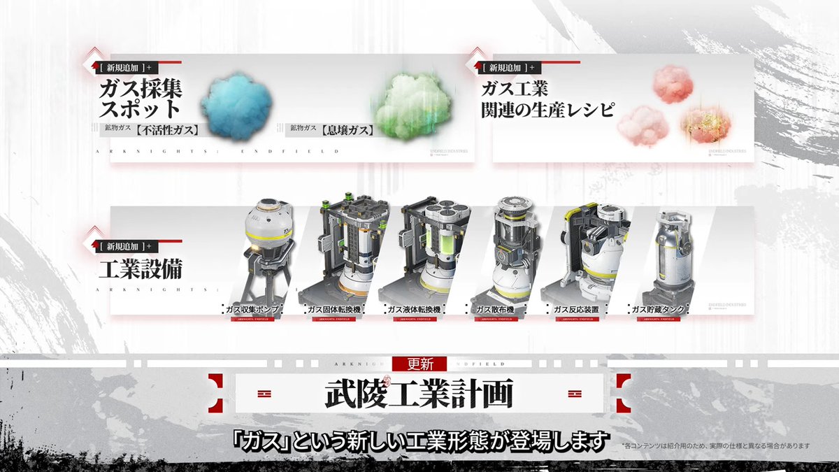 AUTOMATONJapan's tweet photo. 【ニュース】『アークナイツ：エンドフィールド』新バージョンにとうとう“ガス”実装へ。「生産ライン大幅簡略化」もできるガス、期待の登場
https://t.co/E6uzInucHM

・息壌/重息壌生産がかなり楽に
・1拠点あたり12本も息壌生産ライン構築可能
・「ガス散布機」でまとめて生産もできる https://t.co/sO2FPtyu56