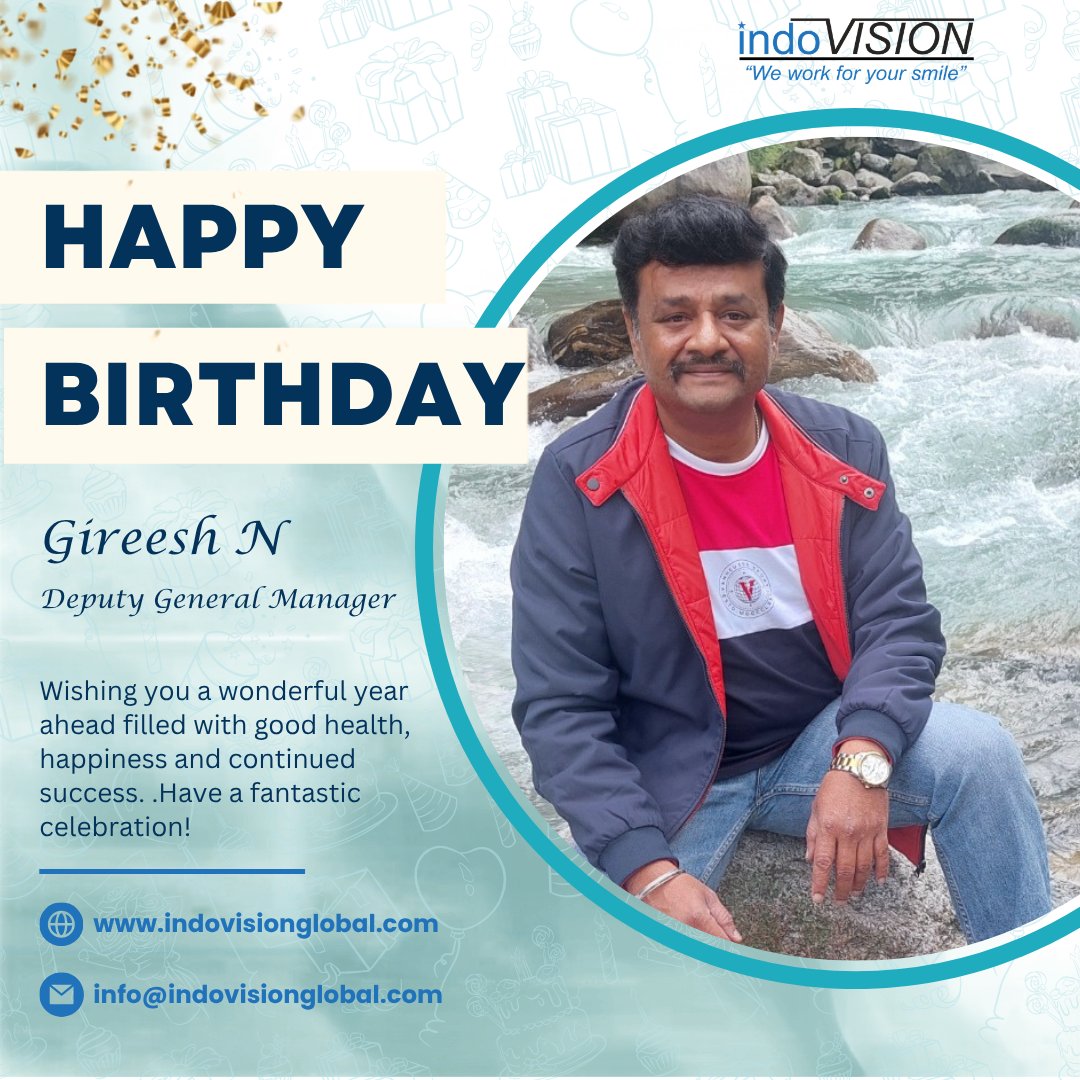 Indovision_S's tweet photo. 🎉 Happy Birthday to Gireesh N - Deputy General Manager! 🎂

Wishing you good health, happiness, and continued success. Thank you for your dedication and valuable contributions to Indovision Services!

#HappyBirthday #TeamIndovision #IndovisionServices #EmployeeRecognition https://t.co/O13Iy9VZc3