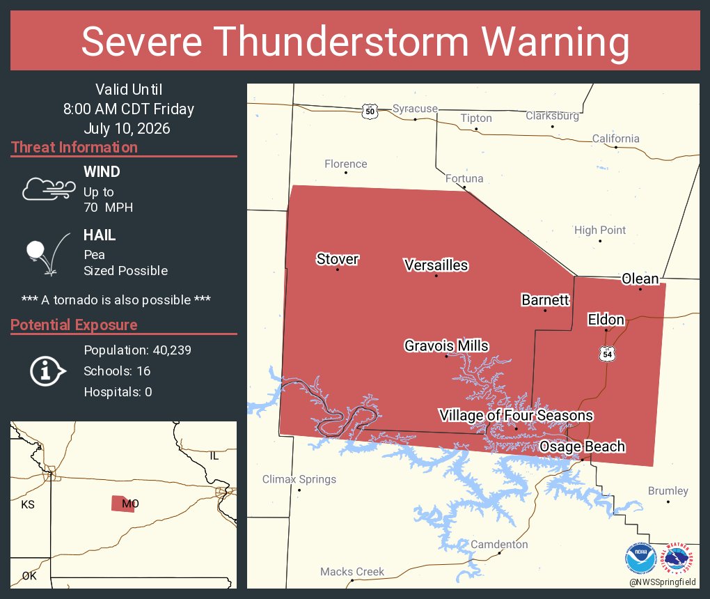 NWSSpringfield's tweet photo. Severe Thunderstorm Warning continues for Eldon MO, Osage Beach MO and  Versailles MO until 8:00 AM CDT. This storm will contain wind gusts to 70 MPH! https://t.co/tkbgGjdKzF