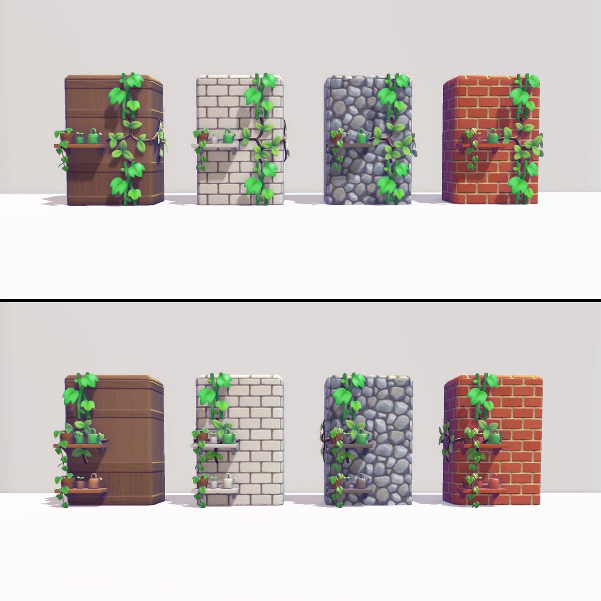 nanase__game's tweet photo. 【染色で補う緑化🌱】

かざりだな・園芸のシェルフを設置するブロックと同系色にすることでシェルフを背景に取り込み、アイビーを際立たせる試み✨👀　設置するブロックのディテールが細かいほど馴染むような気がします。　

#ぽこあポケモン        #PokemonPokopia https://t.co/HYa94kzSCQ