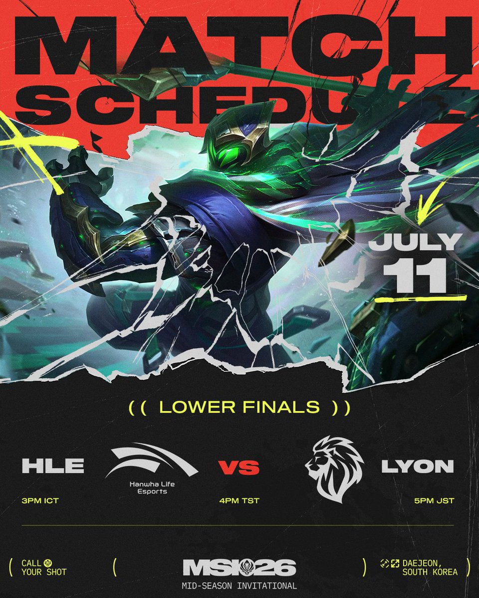 lolesports_jp's tweet photo. ロワーブラケットファイナルは HLE vs LYON！⚔️
激戦必至の一戦、Grand Final へ駒を進めるのはどちらだ！🔥

🗓次回 Mid-Season Invitational 2026 | Lower Bracket Final は 7月11日（土）17:00より試合開始！⚔

#MSI2026 https://t.co/NTeerfJmyV