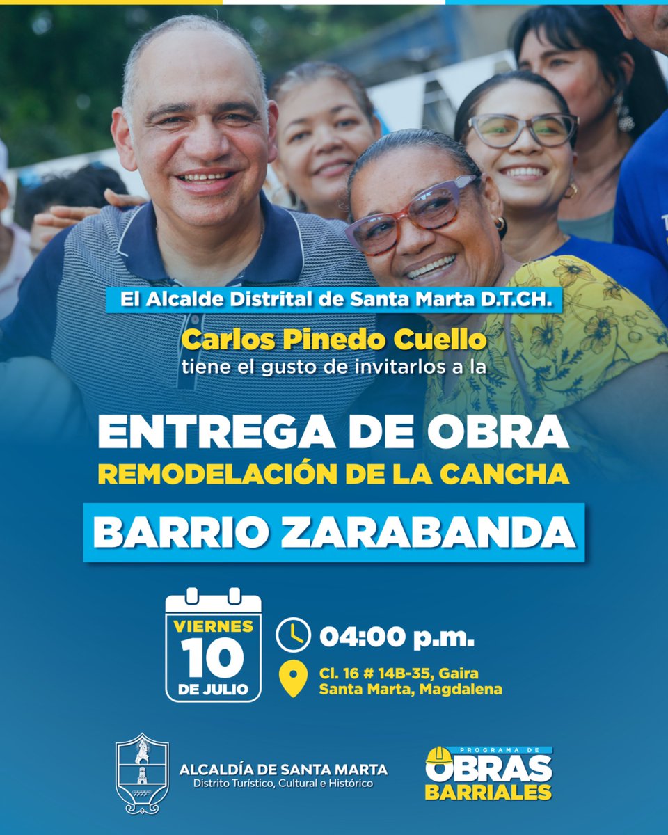 SantaMartaDTCH's tweet photo. El alcalde @CarlosPinedoC tiene el gusto de invitarlos a la entrega oficial de la remodelación de la cancha del barrio Zarabanda.

🗓️ HOY viernes 10 de julio
🕓 4:00 p.m.
📍Cl. 16 #14B-35, Gaira

¡Los esperamos! https://t.co/ktkVNNDJUq
