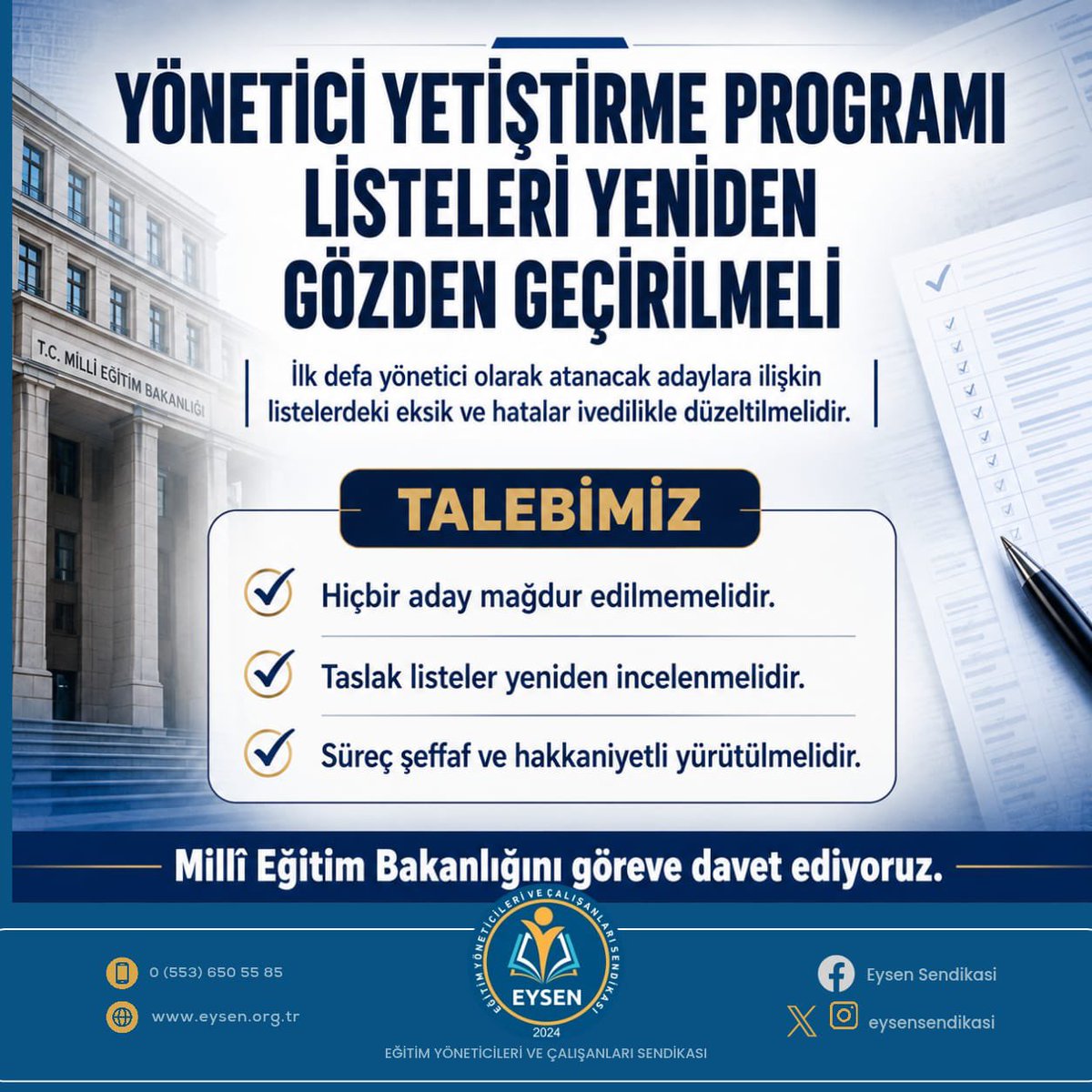 eysensendikasi's tweet photo. YÖNETİCİ YETİŞTİRME PROGRAMI LİSTELERİNDEKİ HATALAR DERHÂL DÜZELTİLMELİDİR

İlk defa yönetici olarak görevlendirilecek adayların Yönetici Yetiştirme Programı’na alınmasına ilişkin listelerin hazırlanması sürecinde bazı eksikliklerin ve hatalı değerlendirmelerin bulunduğu görülmektedir.

Şartları taşıdığı hâlde listelerde yer verilmeyen, puanı veya başvuru bilgileri hatalı değerlendirilen adayların mağdur edilmesi kabul edilemez.

Taslak listeler yeniden ve titizlikle incelenmeli; eksik bırakılan adaylar listeye eklenmeli, hatalı kayıtlar düzeltilmeli ve süreç açık, denetlenebilir ve hakkaniyetli bir şekilde yürütülmelidir.

Millî Eğitim Bakanlığını, oluşan mağduriyetleri büyümeden gidermeye ve gerekli düzeltmeleri ivedilikle yapmaya davet ediyoruz.

Hiçbir aday idari hata nedeniyle hakkından mahrum bırakılmamalıdır.