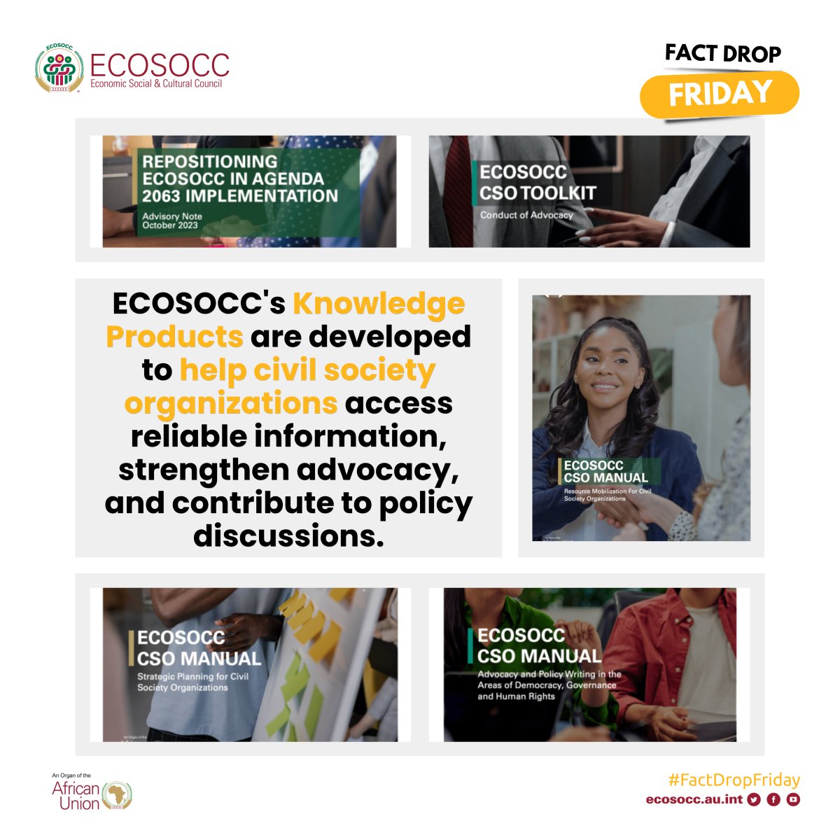 AU_ECOSOCC's tweet photo. Did you know that ECOSOCC's Knowledge Products are designed to help #CivilSociety Organizations access reliable information, strengthen #advocacy, and contribute meaningfully to #policy discussions across #Africa?!

From strategic planning to resource mobilization, advocacy and policy writing, our CSO Manuals and Toolkits equip you with practical guidance to amplify your impact.

🔗 Explore and download the full library of manuals and toolkits here: https://t.co/142u5ftrOO

#FactDropFriday #Agenda2063 #TheVoiceOfTheAfricanCitizenry