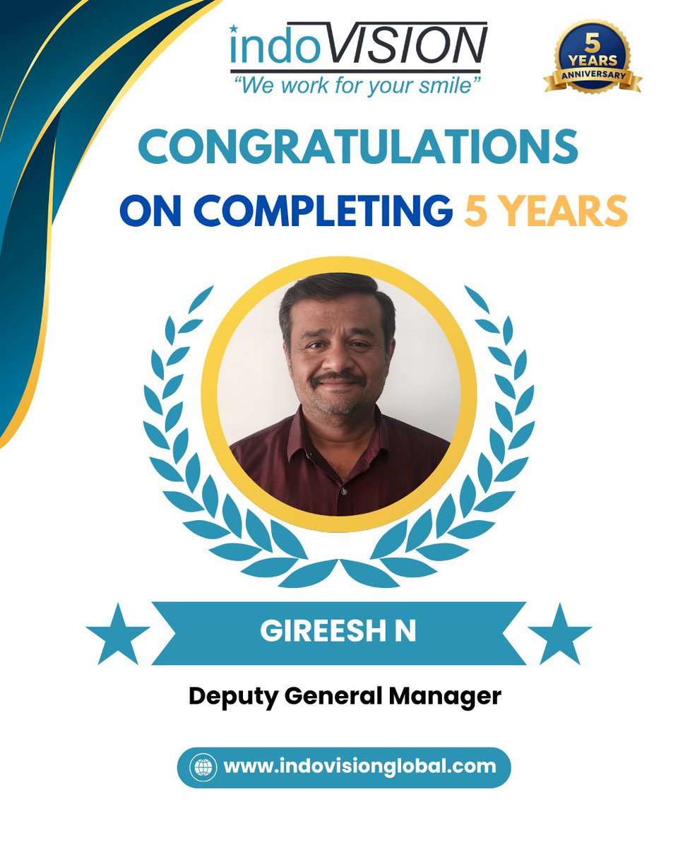 Indovision_S's tweet photo. 🎉Congratulations to Gireesh N on completing 5 successful years with Indovision Services!

Thank you for your dedication and valuable contributions as Deputy General Manager. Wishing you continued growth and success ahead. 🌟

#WorkAnniversary #5Yearmilestone #EmployeeRecognition https://t.co/ZXqK8VOSIf