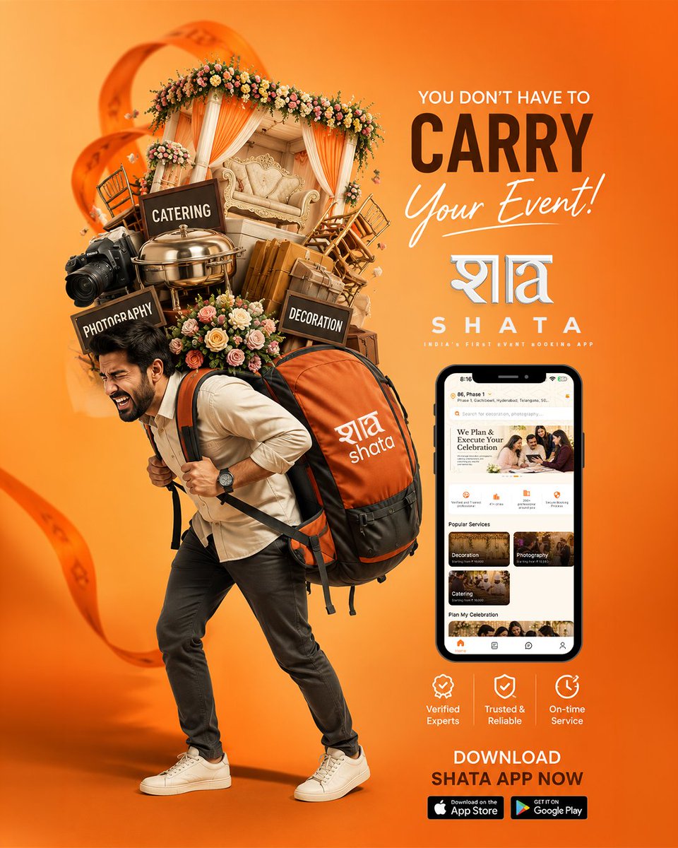 AppShata's tweet photo. Planning an event shouldn't feel like carrying the whole world on your shoulders. 🎉

With SHATA, book trusted photographers, decorators, caterers, planners, and more all in one place. https://t.co/EYQul3l8tz
