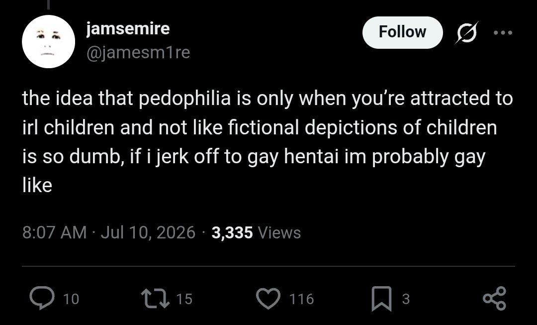 puritan_list's tweet photo. 🔻 Puritan/Pro-censorship Blocklist Entry #3

User: a\jamesm1re
Topic/Fandom: Shipping discourse
Explanation: OP says it's dumb that being into lolisho isn't considered legitimate grounds for an actual pedophilia diagnosis. I don't think OP knows what pedophilia is. https://t.co/UYX1YwZCQG