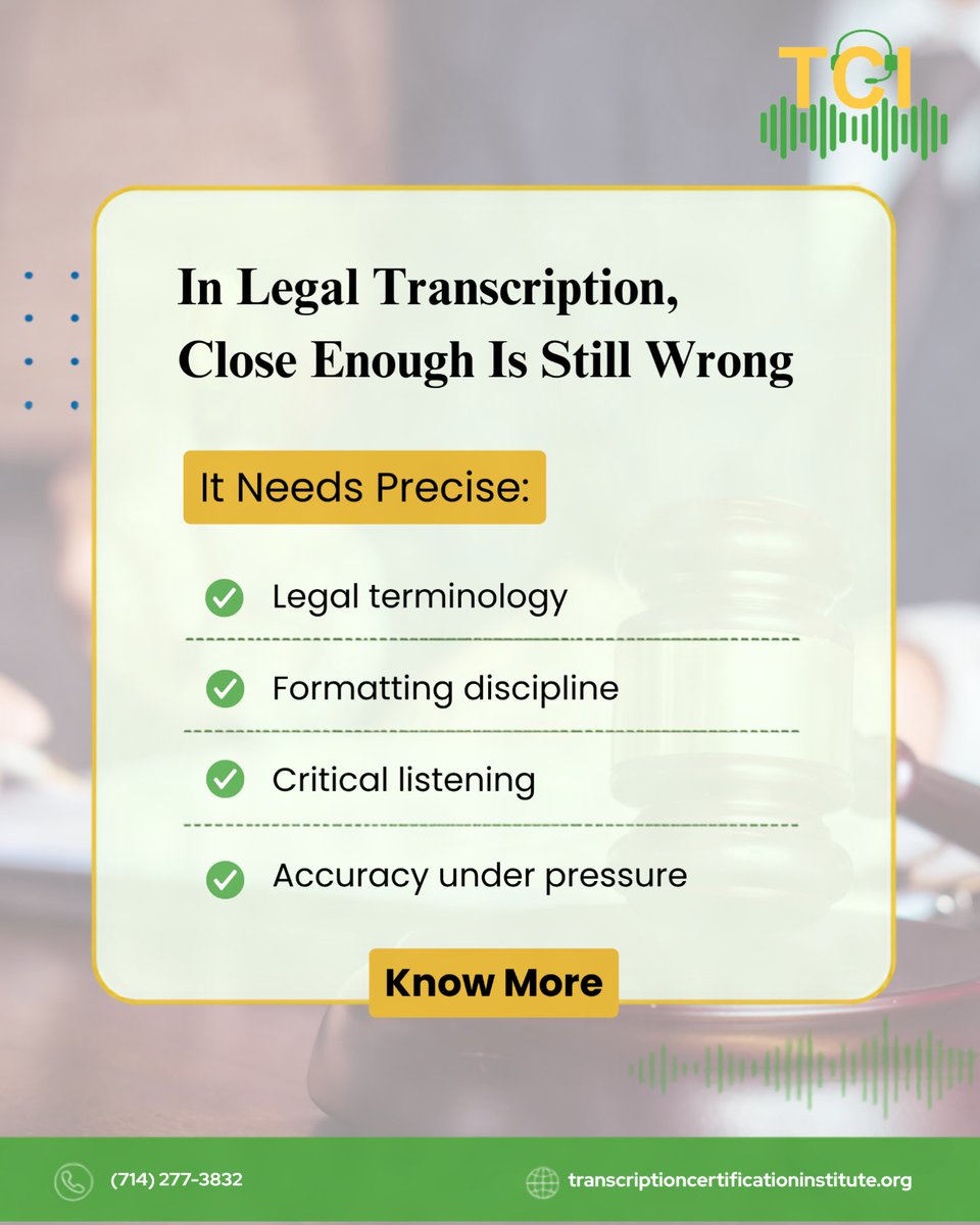 TranscriptionCI's tweet photo. Legal transcription demands precision-not just speed.
Know More:- https://t.co/koYKEgZUn6
#LegalTranscription #AAERTAligned #TranscriptionTraining #TCI https://t.co/1mLU4ccLuq