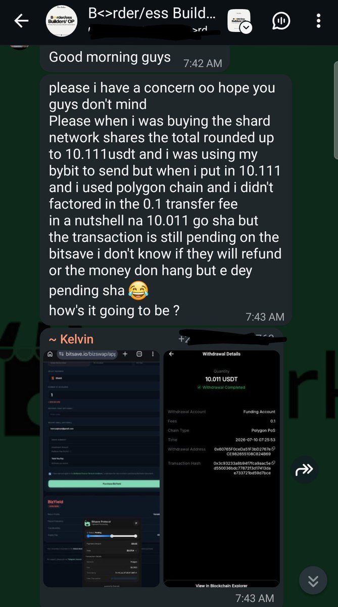 _karlagod's tweet photo. Earlier today, someone but @shard_network BizShares on @BitsaveProtocol's BizSwap.

So they came on the @BorderlessDev
community to enquire about something.

They had sent the incomplete amount of USDC and it showed pending on their dashboard.

They were concerned if their money would be returned, or if it had gone for "vanishing"🌝

Cause the transaction didn't go through, and thier BizShares also wasn't on their dashboard.

Thanks to @chainrails_io's reversal feature. The funds were refunded to their Bybit account.

Thank you @chainrails_io 😎