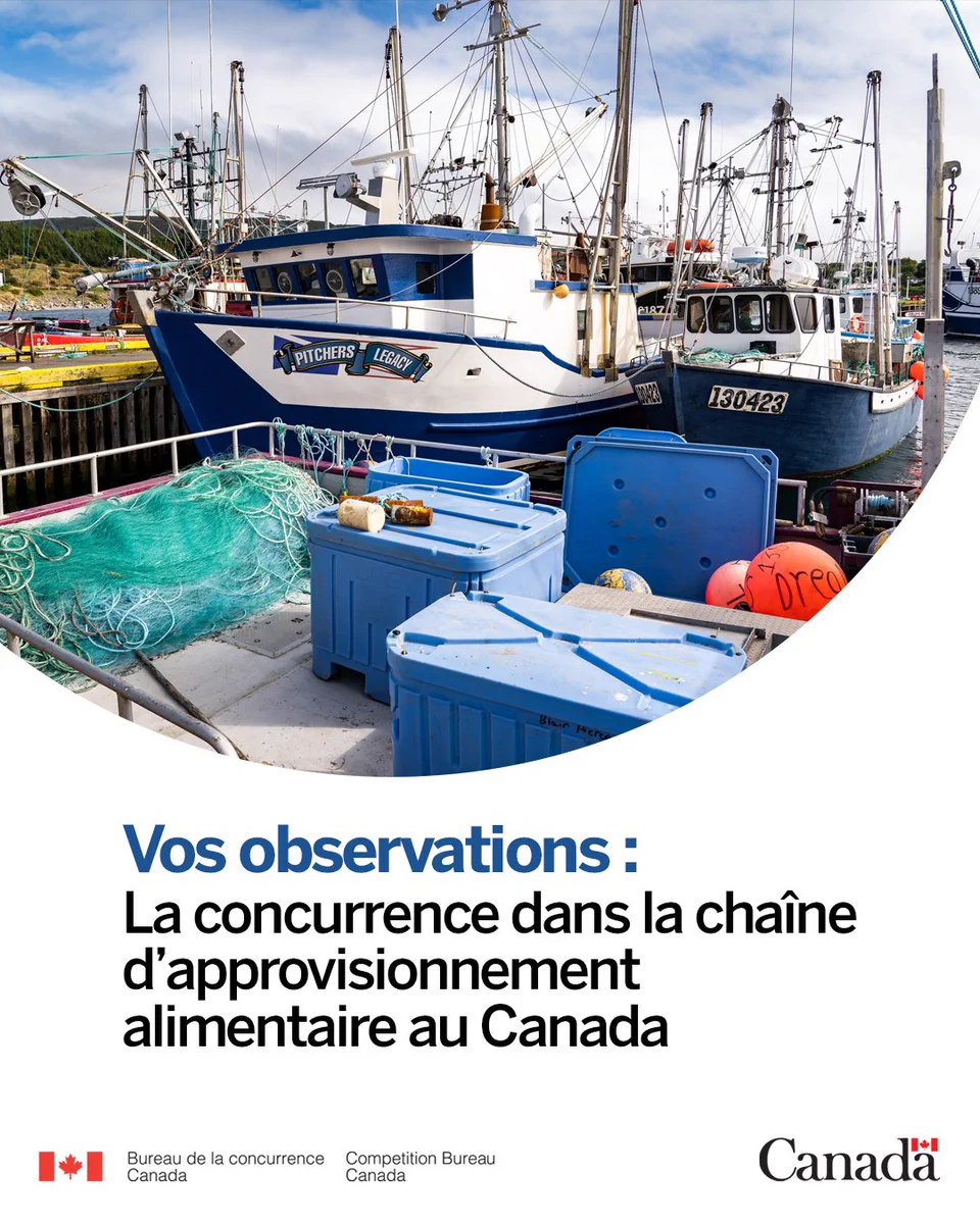 Image d’un bateau de pêche au quai. Texte : Vos observations : la concurrence dans la chaîne d’approvisionnement alimentaire au Canada
