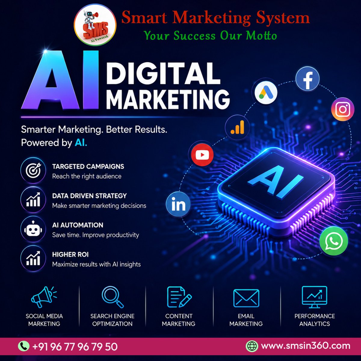 smsin360's tweet photo. 🚀 AI Digital Marketing – Smarter Marketing. Better Results.

Ready to grow your business with the power of AI? 🤖📈

At Smart Marketing System (SMS), we help businesses attract the right audience

Follow us for more
💻𝗦𝗺𝗮𝗿𝘁 𝗠𝗮𝗿𝗸𝗲𝘁𝗶𝗻𝗴 𝗦𝘆𝘀𝘁𝗲𝗺 – 𝗦𝗠𝗦 https://t.co/zfVw4x3MJ7