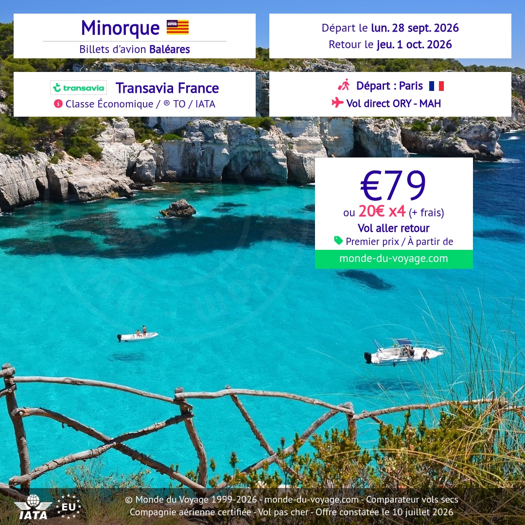 Monde_du_Voyage's tweet photo. [FR] Paris→Minorque avec Transavia France : vol direct aller-retour dès 79€. Trajet simple, rapide et pratique pour les Baléares ✈️ #Voyage #Minorque https://t.co/3nbFJOZQ0l https://t.co/ZcXAPzuNN4