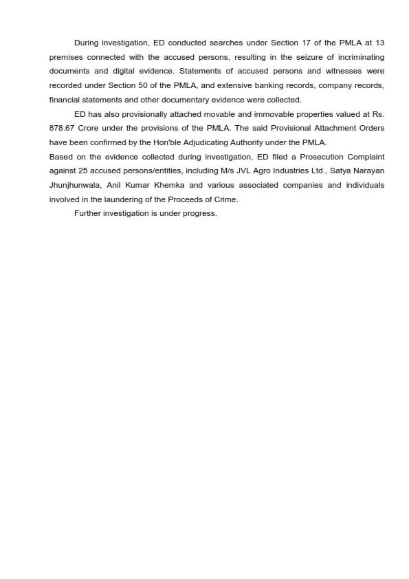 dir_ed's tweet photo. ED, Allahabad Sub-Zonal Office, has secured cognisance of the Prosecution Complaint filed under PMLA, in connection with the bank fraud case relating to M/s JVL Agro Industries Ltd. and others. The Prosecution Complaint was filed before the Hon'ble Special Court (PMLA), Lucknow on 25.11.2025. Vide order dated 07.07.2026, the Hon'ble Special Court (PMLA), Lucknow, presided over by Smt. Madhu Dogra (HJS), has taken cognisance of the same.
