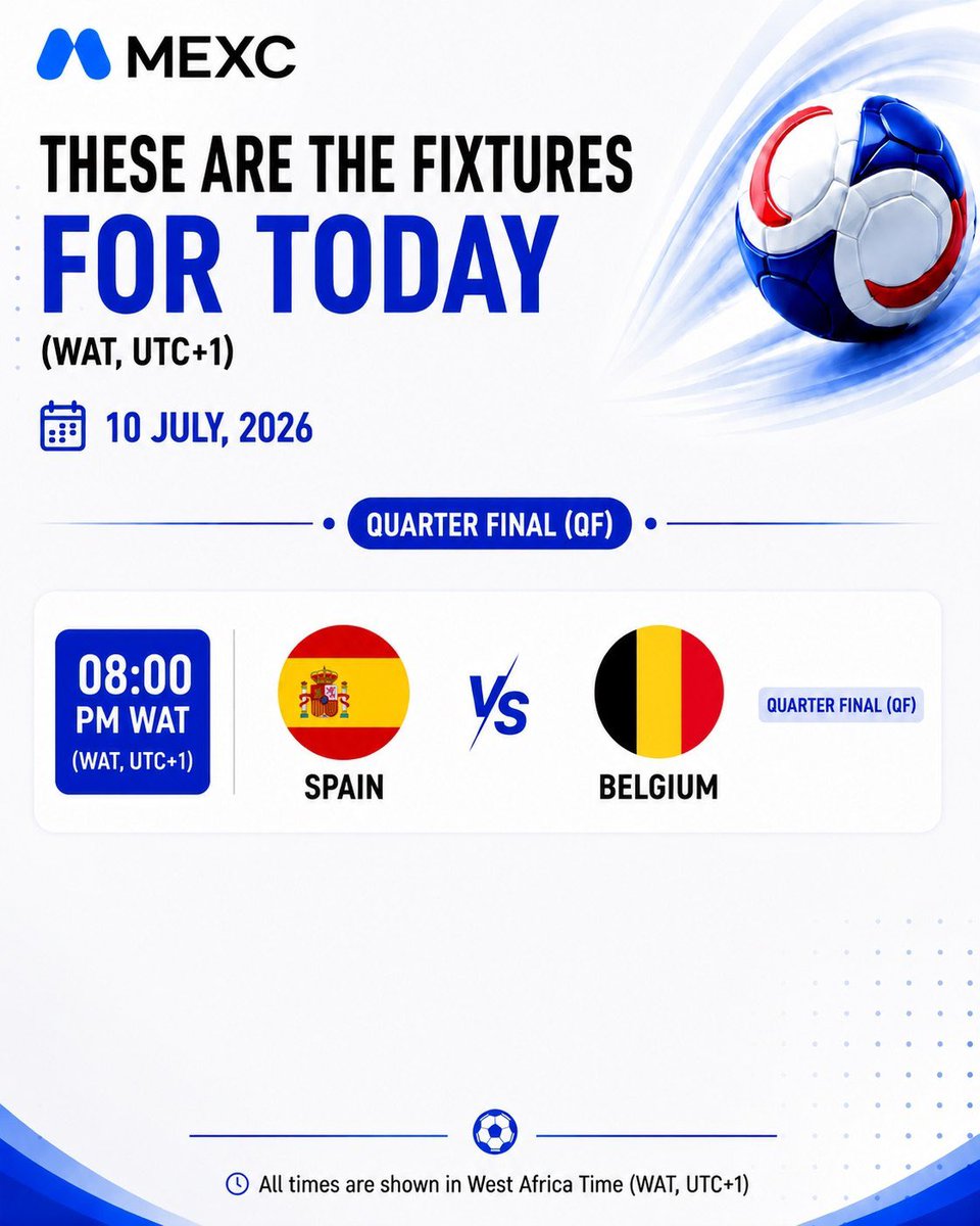 MEXC_AfricaBU's tweet photo. ⚽ Spain or Belgium? One Match. One Semi Final Spot.

The Quarter Final action continues as Spain 🆚 Belgium battle for a place in the Semi Finals.

Back your prediction and stand a chance to earn rewards!

💰 Reward Pool: $100
🎉 10 lucky winners will each receive a $10 Prediction Market Trading Bonus.

To enter:
✅ Follow @MEXC_AfricaBU & @Adebusoye22
✅ Join our Telegram community: https://t.co/Wzu8iWDVAP
✅ Rt this post and tag 2 football-loving friends to follow us.

Who gets your vote to book a Semi Final ticket? Spain or Belgium? 
Drop your prediction below!