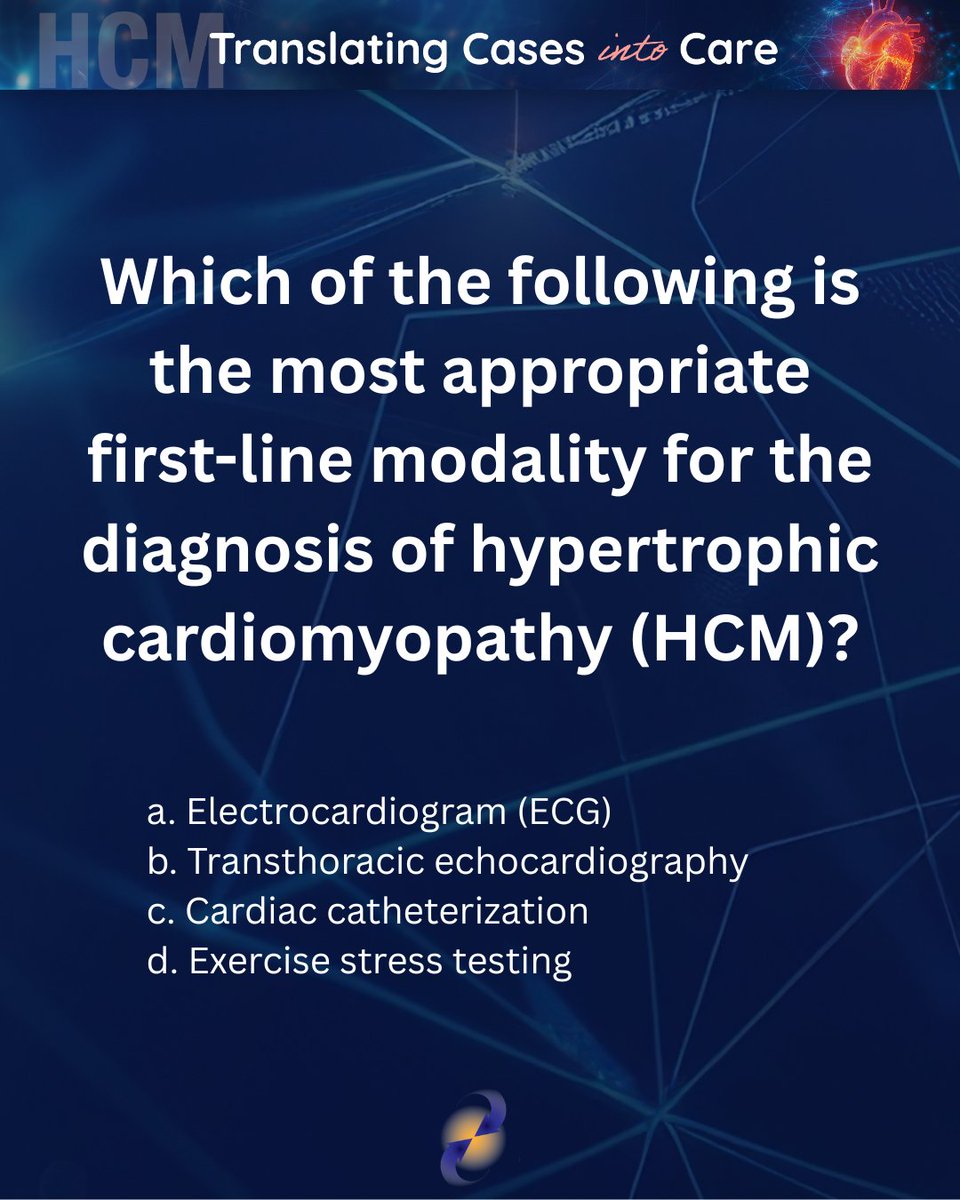 PracticePoint's tweet photo. Do you know the answer? 💭

HCM remains an underdiagnosed cardiac condition in clinical practice, making the basics essential.

The first-line modality for diagnosing Hypertrophic Cardiomyopathy is Transthoracic Echocardiography. Transthoracic Echocardiography is the cornerstone of initial diagnosis, assessing wall thickness, LVOT obstruction, and cardiac structure. While an ECG may raise suspicion, its findings are supportive and nonspecific.

Drs. Theodore Abraham and Martin Maron are diving deep into HCM recognition, diagnosis, and the latest in management, including the evolving role of Cardiac Myosin Inhibitors - in our newest video and podcast series. 

🎥Watch today and earn free CME at https://t.co/sdrdDtBZAB🔗

#HCM #Cardiology #HypertrophicCardiomyopathy #ContinuingMedicalEducation #PracticePointCME