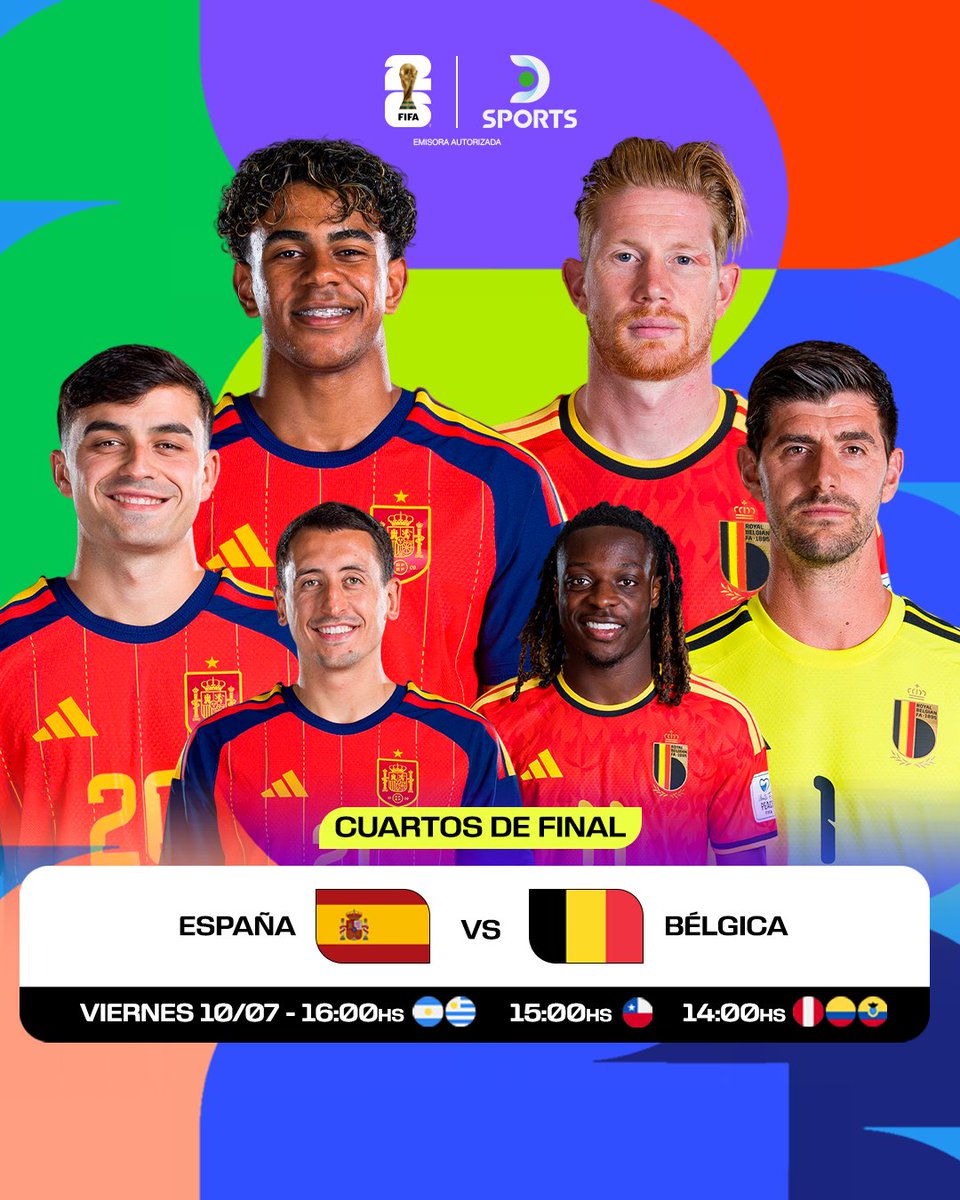 DSports's tweet photo. ¡HOY CONOCEREMOS AL RIVAL DE FRANCIA EN SEMIS! 🇪🇸🏆🇧🇪

En Los Ángeles, España y Bélgica se enfrentan por los cuartos de final del #MundialEnDSPORTS.

¿Quién crees que se meterá entre los cuatro mejores? 👇

#FIFAWorldCup https://t.co/tmVYtpLFXL