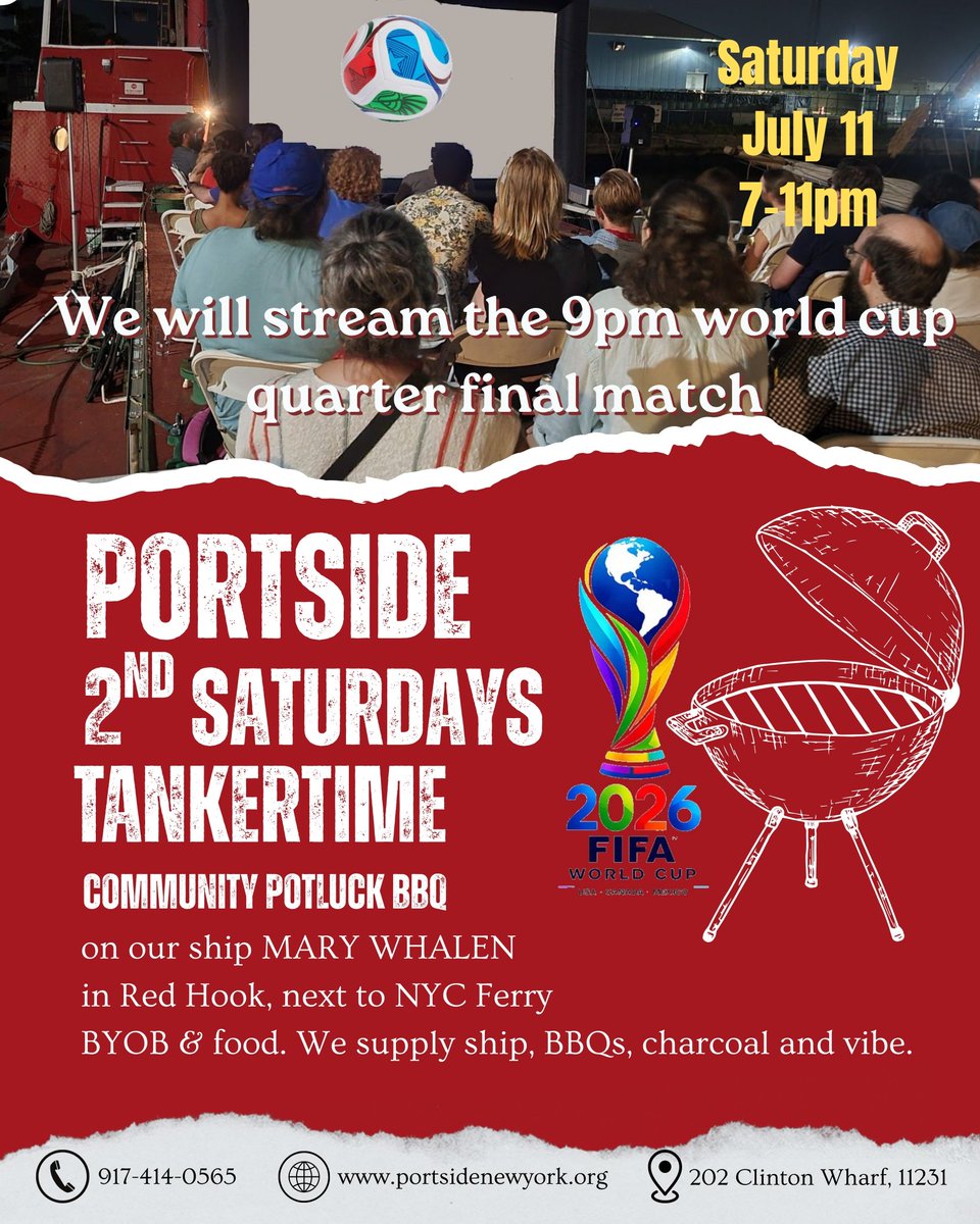 PortSideNY's tweet photo. π₯ Tomorrow! Our famous potluck WITH WORLD CUP! Free (donations appreciated).
π₯ On 7/11, 7-11 pm, we will host our July SecondSaturdays #TankerTime potluck BBQ on the historic ship, the retired oil tanker #MaryWhalen. Kid friendly.
π Bring food and BYOB.
β½οΈ We will stream the World Cup on our huge 16' wide inflatable screen.
β€οΈ Our SecondSaturdays potluck occurs every warm month, May through October. In #RedHook next to NYC Ferry stop.
βοΈ Daytime TankerTime is most days of the week.
#WorldCup2026 #WorldCupStreaming