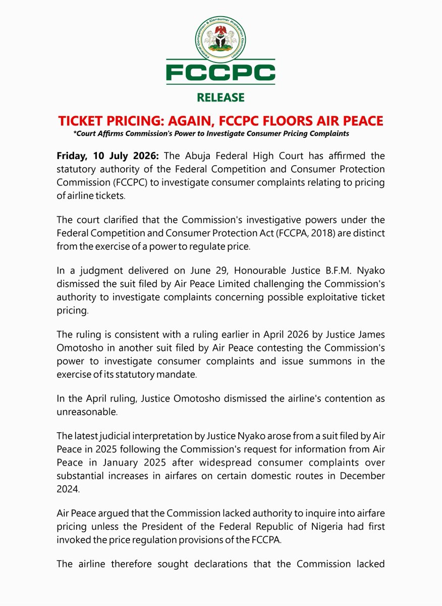 fccpcnigeria's tweet photo. Ticket Pricing: Again, FCCPC Floors Air Peace

*Court Affirms Commission’s Power to Investigate Consumer Pricing Complaints

@NigeriaGov @NGRSenate @HouseNGR https://t.co/34vBIbuimz