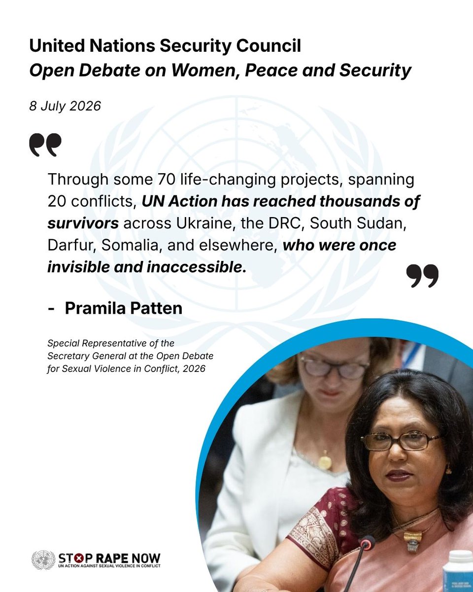 UNAction's tweet photo. 🌐At the Open Debate on #CRSV, SRSG Patten called on Member States to turn commitments into action by strengthening prevention, protection, survivor-centred services, and providing sustained financial support for the CRSV mandate.

#EndRapeInWar #CRSV #SGBV #WomenPeaceSecurity https://t.co/RaTtEDRTfZ