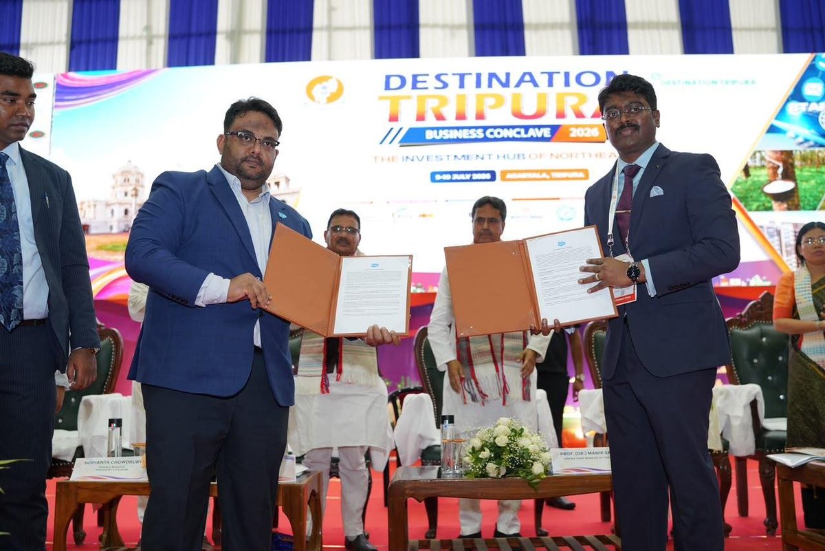 MDoNER_India's tweet photo. Destination Tripura Business Conclave 2026 opened in the presence of Hon'ble Chief Minister of Tripura @DrManikSaha2  and other dignitaries. The conclave is expected to witness the signing of over 250 MoUs, unlocking investment opportunities worth approximately ₹1 lakh crore. The MoUs mark a significant step towards attracting new investments, accelerating industrial growth and strengthening Tripura's journey as an emerging investment destination in Northeast India.

#MDoNERIndia #DestinationTripuraBusinessConclave
#Tripura