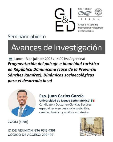 IIESS_CONICET's tweet photo. Seminario de avances de investigación del
@GEIDiiess

Juan Carlos García (UANL) 🇲🇽: "Fragmentación del paisaje e idoneidad turística en RD 🇩🇴: dinámicas socioecológicas para el desarrollo local"

Lunes 13/07 - 14:00 hs

Zoom
ID de reunión: 834 6515 4391
Código de acceso: 299407 https://t.co/xrbdHPEox1