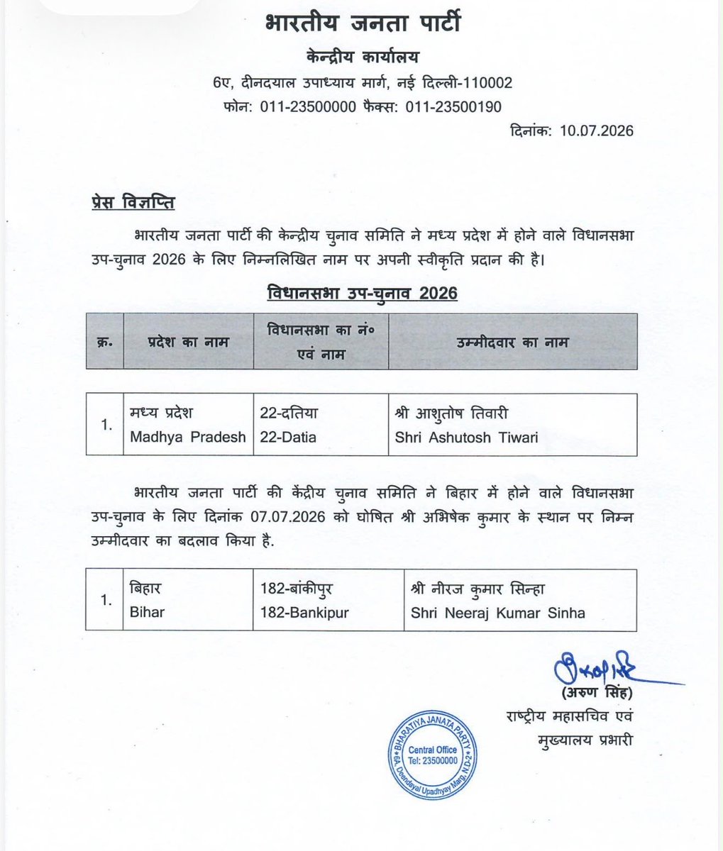 TheSootr's tweet photo. Datia उपचुनाव 2026 के लिए आशुतोष तिवारी को बीजेपी ने बनाया उम्मीदवार, नरोत्तम मिश्रा को लगा बड़ा झटका 
@BJP4MP @Ashutosh4BJP @drnarottammisra https://t.co/AGk83W0vu5