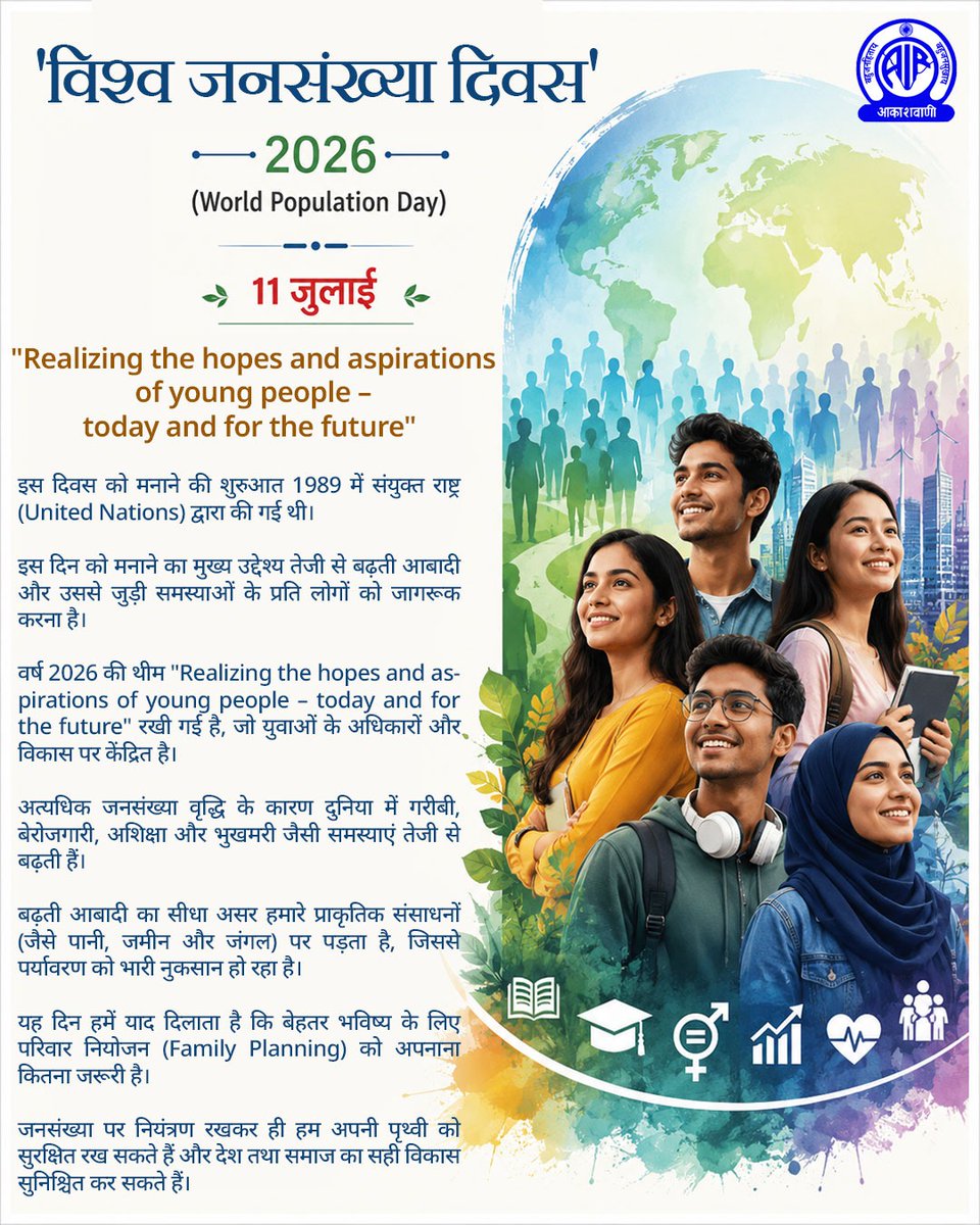 AkashvaniAIR's tweet photo. 'विश्व जनसंख्या दिवस' 2026
(#WorldPopulationDay)

11 जुलाई

थीम "Realizing the hopes and aspirations of young people – today and for the future" 

इस दिवस को मनाने की शुरुआत 1989 में संयुक्त राष्ट्र (United Nations) द्वारा की गई थी।
इस दिन को मनाने का मुख्य उद्देश्य तेजी से बढ़ती आबादी और उससे जुड़ी समस्याओं के प्रति लोगों को जागरूक करना है।
वर्ष 2026 की थीम "Realizing the hopes and aspirations of young people – today and for the future" रखी गई है, जो युवाओं के अधिकारों और विकास पर केंद्रित है।....

@MIB_India @airnewsalerts