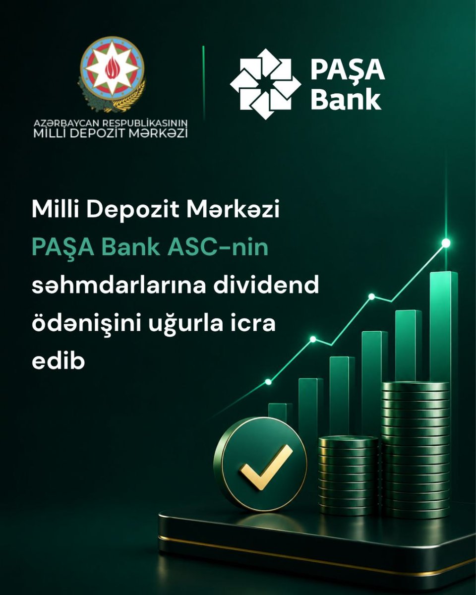 MDM_gov_az's tweet photo. Milli Depozit Mərkəzi PAŞA Bank ASC-nin 2025-ci il üzrə dividend ödənişinin ilk mərhələsini icra edib
Ətraflı:https://t.co/lt0F3PiYMp
#mdmgovaz #mdm #pashabank https://t.co/SOQoig7bsh