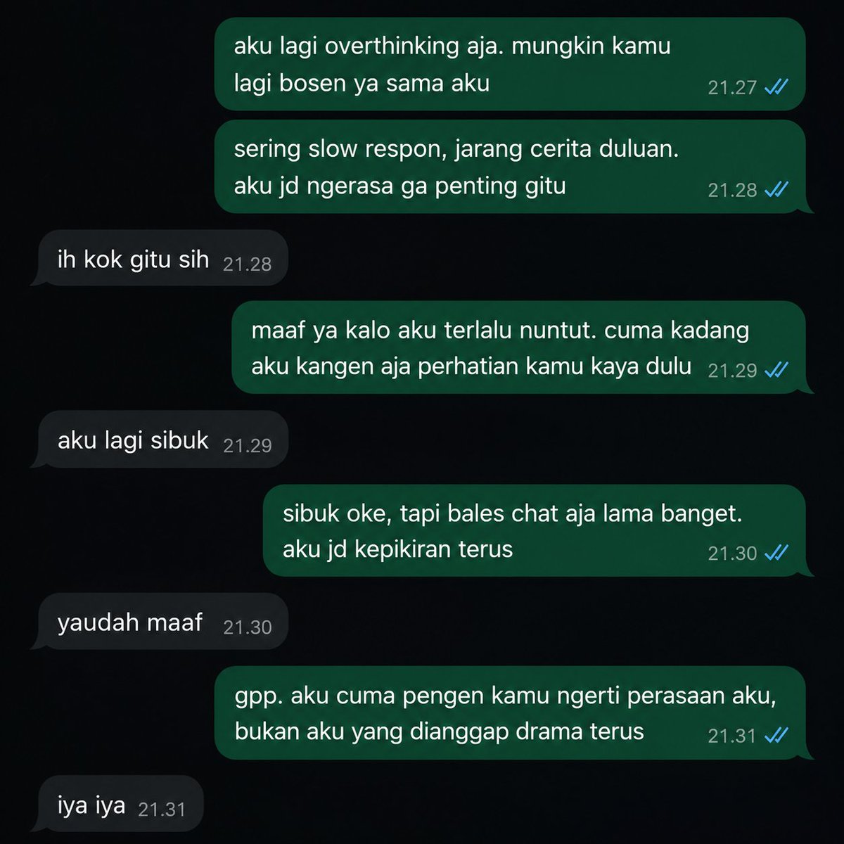 kywupi's tweet photo. laki-laki seharusnya belajar menenangkan, bukan malah bikin perempuan mempertanyakan dirinya sendiri.

karena kadang perempuan udah berani jujur soal sedihnya, tapi malah dibalas, "kamu lebay" "drama" atau didiemin seolah perasaannya ganggu. padahal yang dibutuhin bukan jawaban sempurna, cuma didengerin, dipeluk lewat kata2, dan dikasih kepastian kalau dia tetap penting.

kiri: cara yang salah
ngeremehin perasaan, defensif, jawab seadanya, atau menghilang pas pasangan lagi butuh diyakinin.

kanan: cara yang tepat
bilang "maaf ya aku bikin kamu kepikiran" jelasin kalau lagi sibuk tanpa bikin dia merasa ditinggal, lalu tenangin dengan kata sederhana "aku tetap peduli kok, kamu penting buat aku"