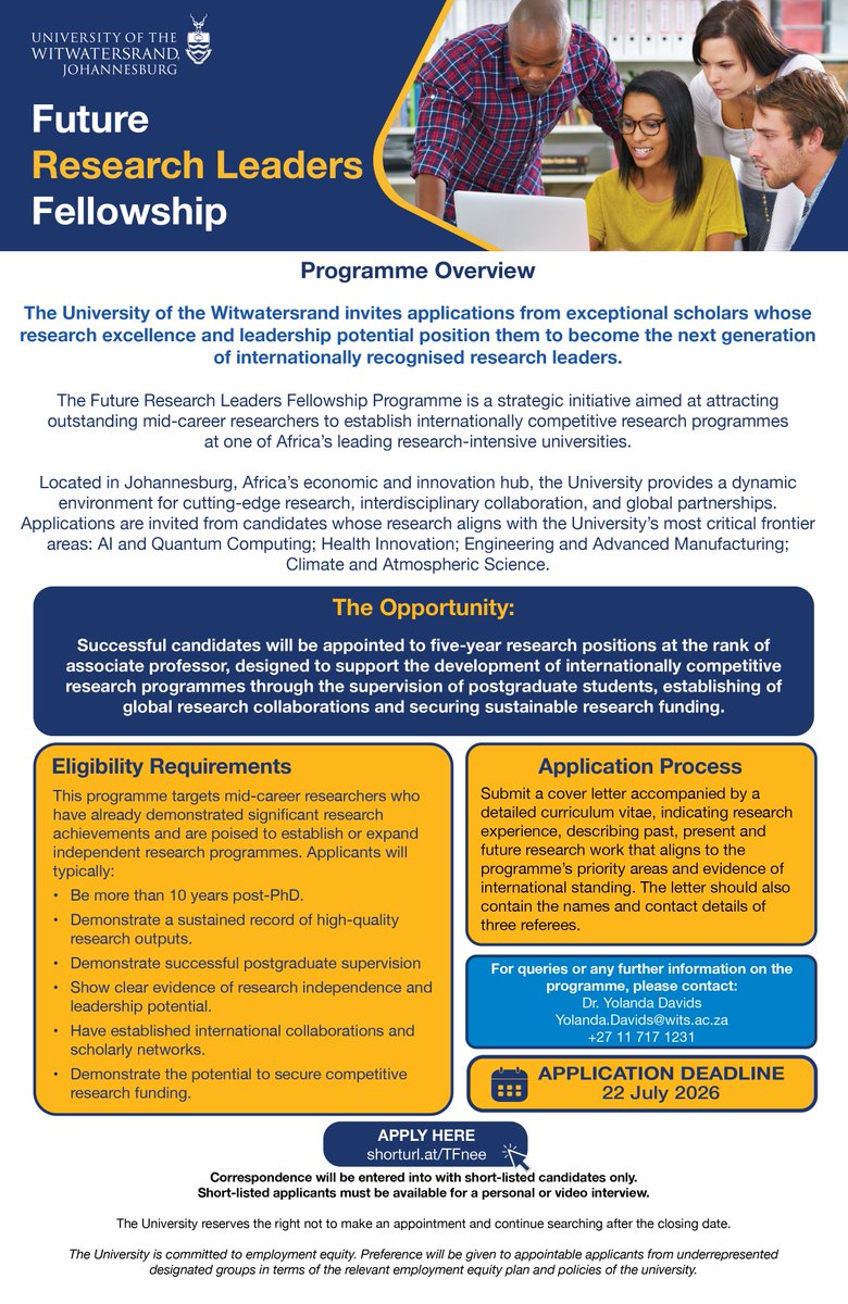 WitsUniversity's tweet photo. 🔔Applications are now open for the Future Research Leaders Fellowship Programme

This prestigious initiative aims to attract outstanding mid-career researchers to establish internationally competitive research programmes at one of Africa's leading research-intensive universities. 

📅 Deadline:  22 July 2026

🔗 Apply here: https://t.co/vHq1KhLwqm

#WitsResearch #WitsForGood
