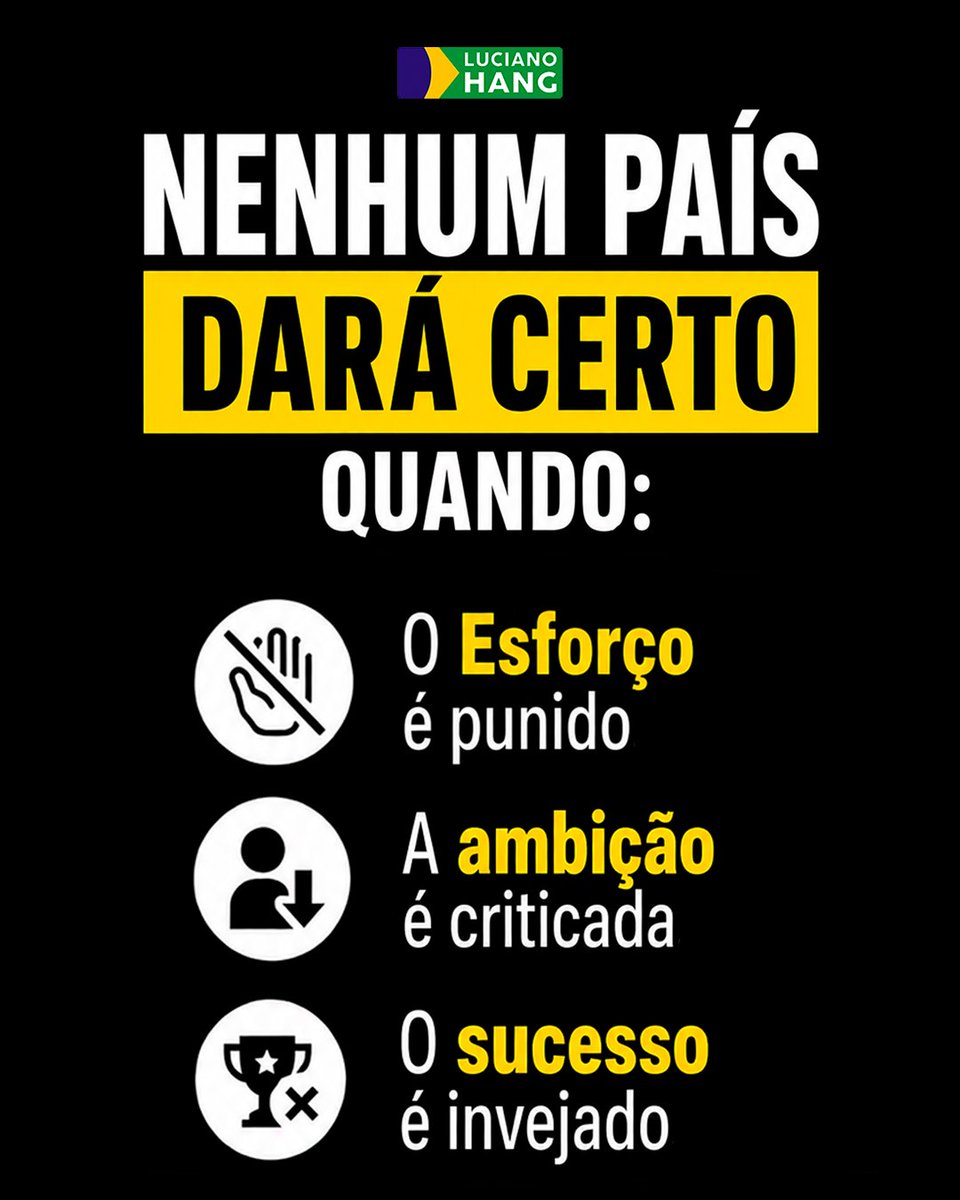 LucianoHangBr's tweet photo. Nenhuma sociedade prospera quando começa a condenar justamente aquilo que gera desenvolvimento. O progresso nasce do esforço, da vontade de crescer e da valorização de quem trabalha, empreende e alcança bons resultados. https://t.co/t2cmvsUHCl