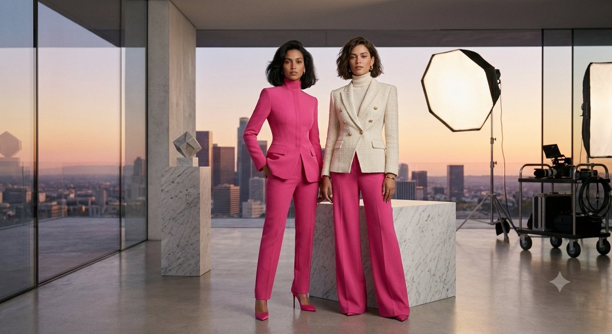 Draymen424's tweet photo. Echoes in Fuchsia

Prompt 
ULTRA-PREMIUM MASTERPIECE | ICONIC CINEMATIC LUXURY FASHION EDITORIAL | Vogue Italia × Harper's Bazaar × Numéro Paris × Dior Haute Couture Inspired (editorial style only, no logos) | Museum-Grade Fine Art | Hyper-Photorealistic | Native 8K Ultra HD | Leica SL3-S + Hasselblad X2D 100C | 85mm APO Portrait Lens | Medium Format RAW | 16-bit Color | Editorial Perfection

COMPOSITION & MODELS:
An award-winning editorial fashion campaign featuring two internationally acclaimed haute couture models standing in a powerful, high-fashion composition. 
• Model One (Left): Features striking elegant bone structure, voluminous glossy dark hair, and an authoritative gaze directed at the camera. She wears a flawlessly tailored monochromatic hot-pink haute couture power suit featuring a fully buttoned structured blazer with a sophisticated high-fashion neckline, long sleeves, sculpted shoulders, and razor-sharp tailoring.
• Model Two (Right): Features complementary refined facial symmetry, a texturized modern bob haircut, and a sophisticated, confident expression. She wears an ivory-white tweed double-breasted couture blazer with gold buttons over an elegant cream turtleneck, seamlessly paired with wide-leg trousers in the matching vibrant fuchsia-pink hue. 

Both outfits are completely modest, high-neck, refined, and couture-level with no exposed cleavage. Minimal 24K gold jewelry—including delicate earrings and slim bracelets—completes the timeless luxury aesthetic.

ENVIRONMENT & LIGHTING:
They stand elegantly inside a minimalist high-end penthouse studio with floor-to-ceiling glass windows overlooking a cinematic city skyline at dusk. Next to them sits a minimalist matte white marble geometric block. The background features a luxury cinematic gradient transitioning from warm golden sunset into champagne, lavender, and soft magenta. Professional studio equipment, including a large octagonal softbox and a vintage film camera on a cart, is artfully visible in the background, enhancing the "behind-the-scenes" high-fashion campaign atmosphere. Premium volumetric light rays, large diffused softbox lighting, and realistic bounce lighting create extraordinary depth.

TECHNICAL DETAILS:
Razor-sharp tailoring, luxurious fabric weave (heavy crepe vs. structured tweed texture), premium stitching, physical-based rendering of textiles, natural skin translucency with visible micro skin pores, flawlessly rendered hands, perfectly balanced cinematic color harmony. Magazine-cover composition based on the golden ratio with balanced symmetry, sophisticated negative space, and a luxurious depth of field.

COLOR PALETTE:
Vibrant Fuchsia, Warm Gold, Ivory White, Champagne, Lavender, Soft Magenta.

MOOD:
Iconic • Cinematic • Powerful • Timeless • Sophisticated • Elegant • Luxury • Vogue Cover Worthy • High-Fashion Campaign.

NEGATIVE PROMPT:
low quality, blurry, soft focus, noise, grain, compression artifacts, watermark, logo, text, cropped body, duplicate person, extra limbs, extra fingers, missing fingers, malformed hands, bad anatomy, poor proportions, asymmetrical face, crossed eyes, plastic skin, wax skin, over-sharpened skin, oversaturated colors, flat lighting, harsh shadows, unrealistic fabric, poor tailoring, transparent clothing, exposed cleavage, exposed chest.