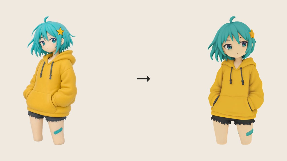 figmee_jp's tweet photo. 最近話題の「AIフィギュア化」、実は2種類あります。

① フィギュア風の「画像」: SNS映えするけど平面のまま
② 3Dの「モデル」: 360°回せる・データとして残る

①で終わっている人がとても多い。②まで進むと、自分のキャラの見え方が変わります https://t.co/qyx22k2rsP