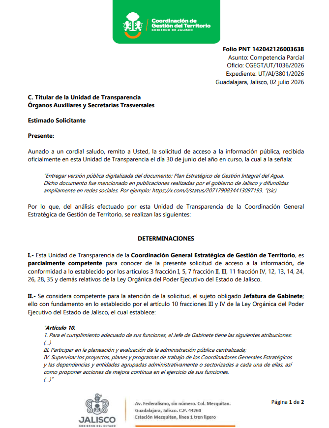 jcrtoral's tweet photo. A mí también me bateó la Coordinación General Estratégica de Gestión del Territorio de @GobiernoJalisco. Muy extraño. Yo ya puse queja ante @ContraloriaJal, a ver qué pasa en el recurso de revisión y a ver si @siapagdl y Comisión Estatal del Agua también lo ocultan. https://t.co/9F1g6qCSvg