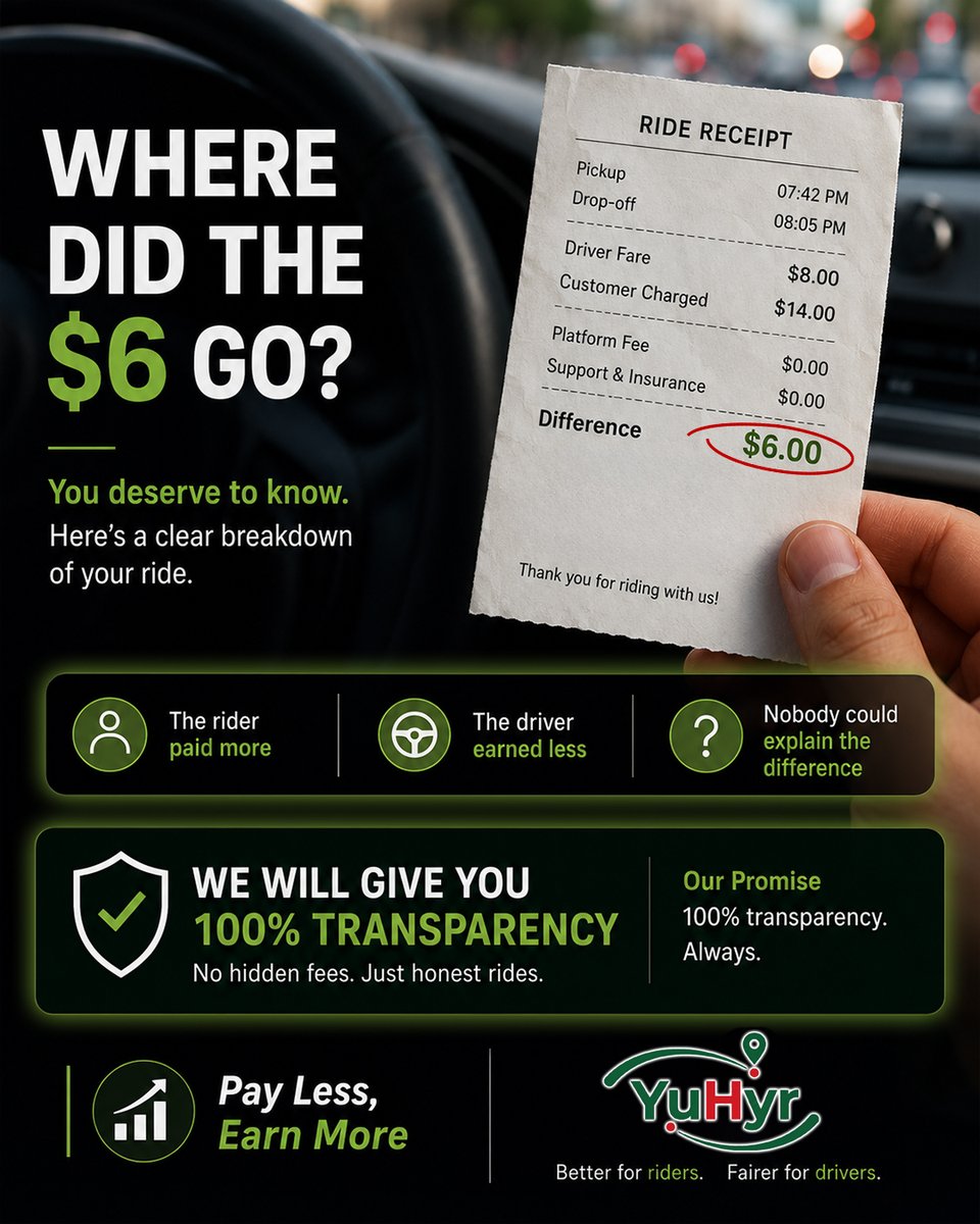 getyuhyr's tweet photo. $8 ride.

Final charge: $14.

The receipt? A list of confusing fees and no clear explanation.

We're building YuHyr with transparent pricing, so you always know what you're paying for.

What's the worst rideshare fee you've ever seen? 👇

#YuHyr #NoHiddenFees #RideSmart https://t.co/Ibc4KLhpK0
