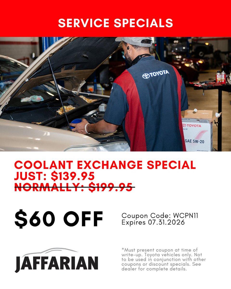 Jaffarian_Auto's tweet photo. From oil changes and tire rotations to alignments, diagnostics, and more, our current service specials can help you take care of your vehicle while keeping more in your pocket.

All current service specials: https://t.co/R4pHd965hL https://t.co/DLXPrJxWwk