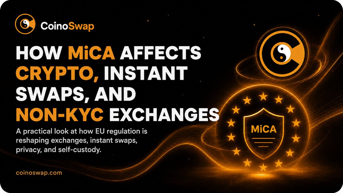 CoinoSwap's tweet photo. MiCA is reshaping the crypto market in Europe, especially for instant swaps, fiat ramps, stablecoins, and non-KYC exchanges.

For users, the key question is simple:

Who controls your funds, what provider handles your swap, and what compliance rules apply?

Our new blog breaks down how MiCA affects crypto, privacy, self-custody, and non-custodial swap access.

🔗 https://t.co/rwyUoj2Lxq

#MiCA #Crypto #CoinoSwap