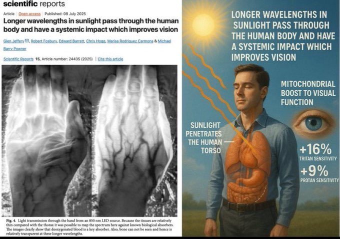 OakieJs's tweet photo. I feel like sungazing at sunrise &amp; sunset accomplishes a similar thing, getting NIR wavelengths that penetrate deep into the eyes &amp; body, experiencing benefits from the near-infrared link, as well as listening to birdsong &amp; other nature sounds.

An immersive reality experience. https://t.co/h4NQykpvIt