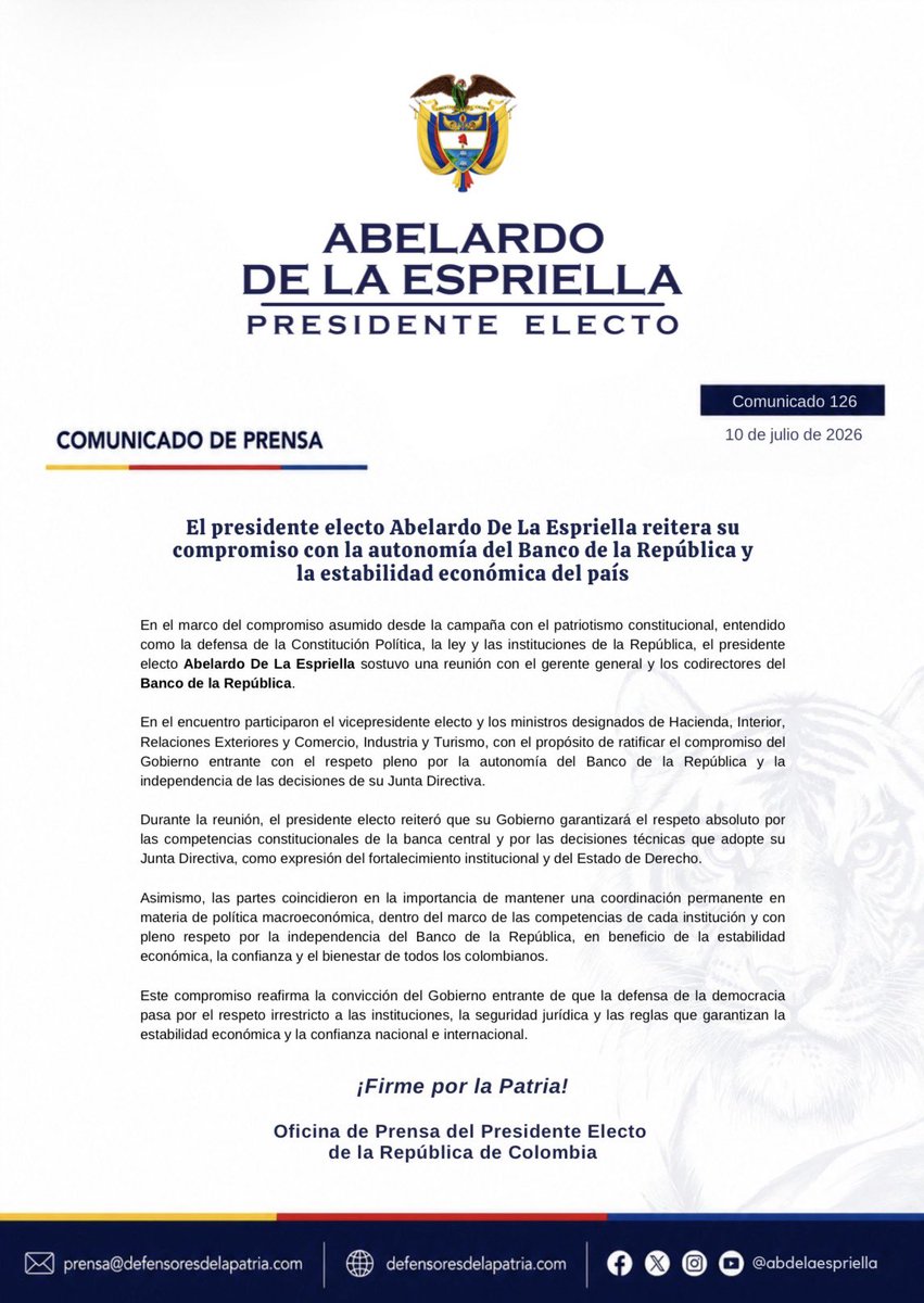 defensoresco's tweet photo. #ATENCIÓN | El presidente electo, Abelardo De La Espriella (@ABDELAESPRIELLA) , reiteró su compromiso con la autonomía del Banco de la República y la estabilidad económica del país.

En reunión con el gerente general y los codirectores del Banco de la República, el Gobierno entrante ratificó su respeto por la independencia de la banca central, la seguridad jurídica y las instituciones como pilares de la confianza y la estabilidad económica de Colombia.