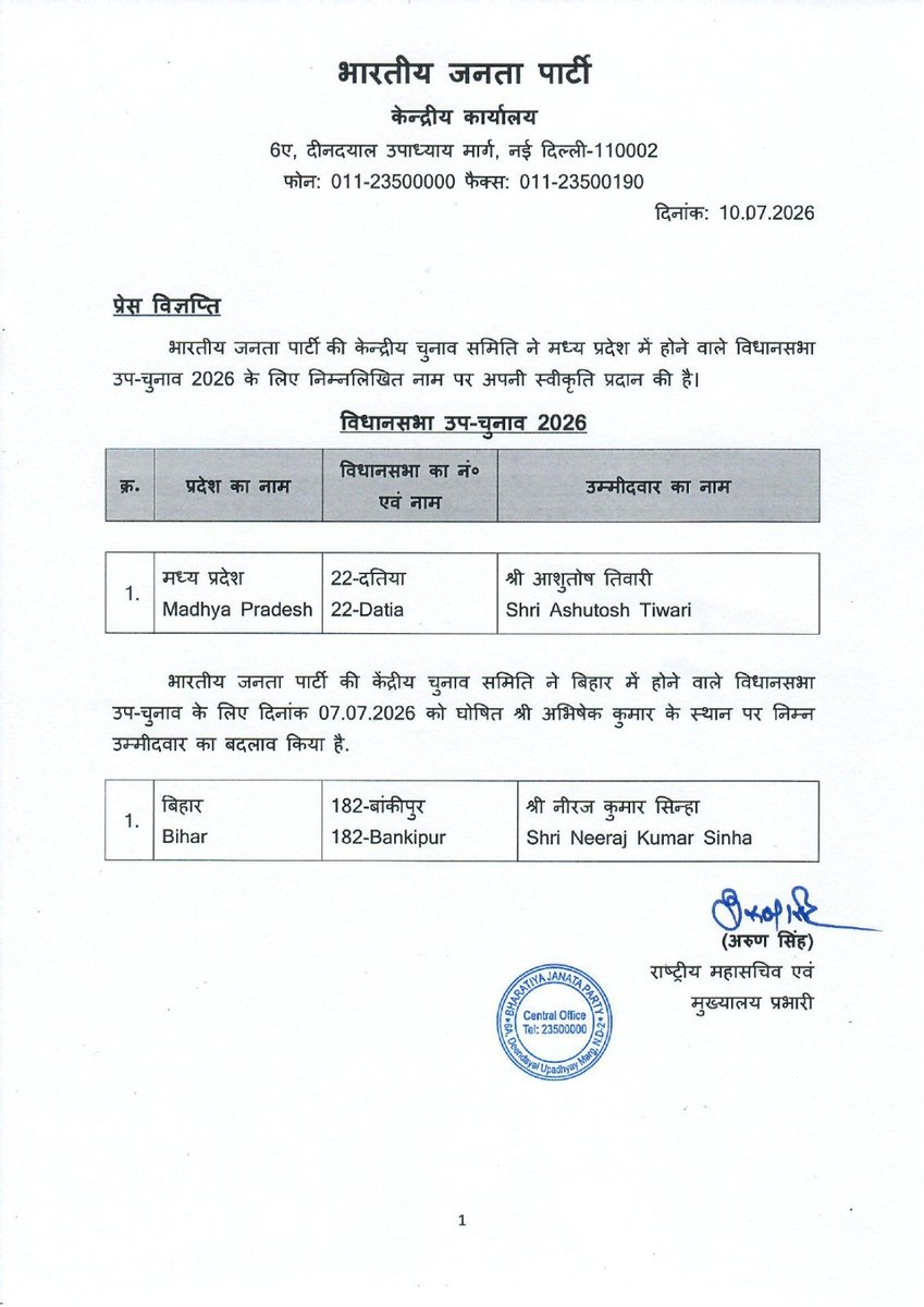 BJP4MP's tweet photo. भाजपा की केंद्रीय चुनाव समिति ने मध्य प्रदेश विधानसभा उपचुनाव 2026 के लिए दतिया से श्री @Ashutosh4BJP जी के नाम पर अपनी स्वीकृति प्रदान की है। https://t.co/t3kvUnlv0K